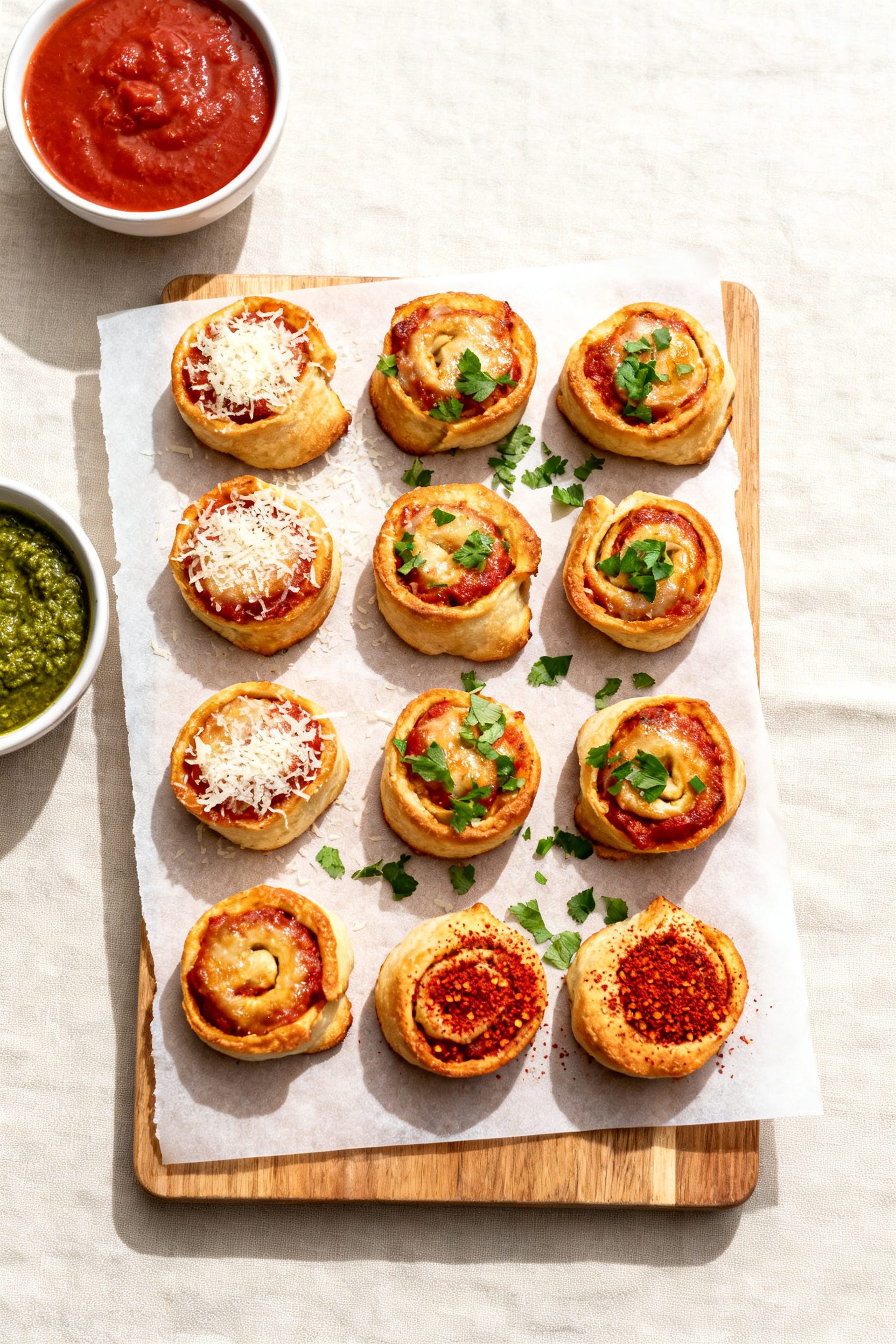 Overhead tasty top view: Batch of keto pizza roll ups on a parchment-lined wooden board for serving,