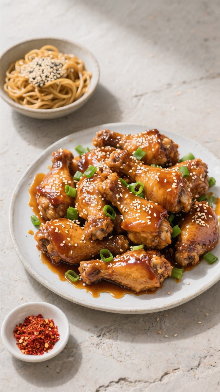 Overhead “tasty top view” of a family-style serving platter piled with honey glazed chicken thig