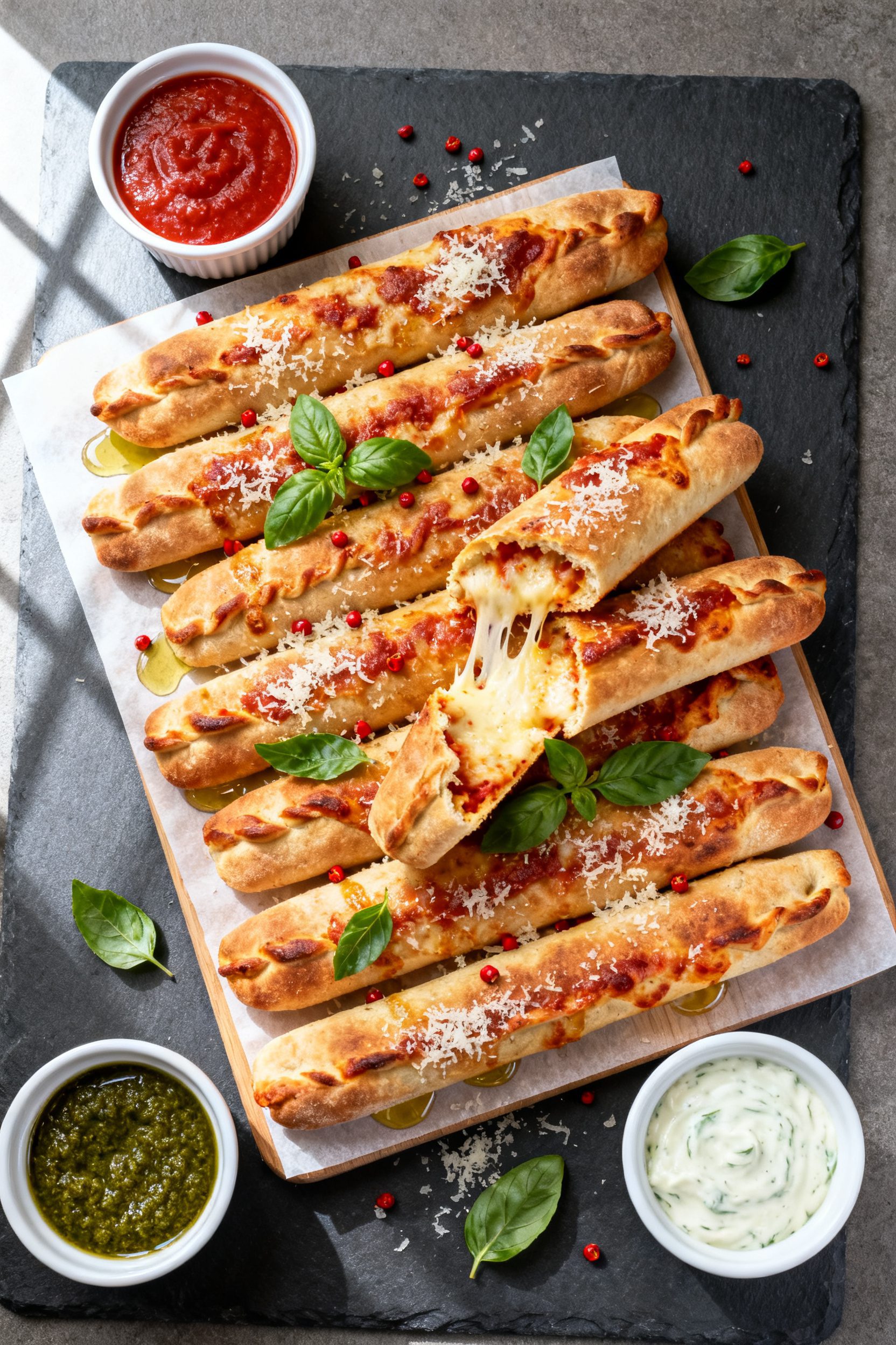 Overhead “tasty top view” of a serving board piled with pizza sticks arranged seam-side down and