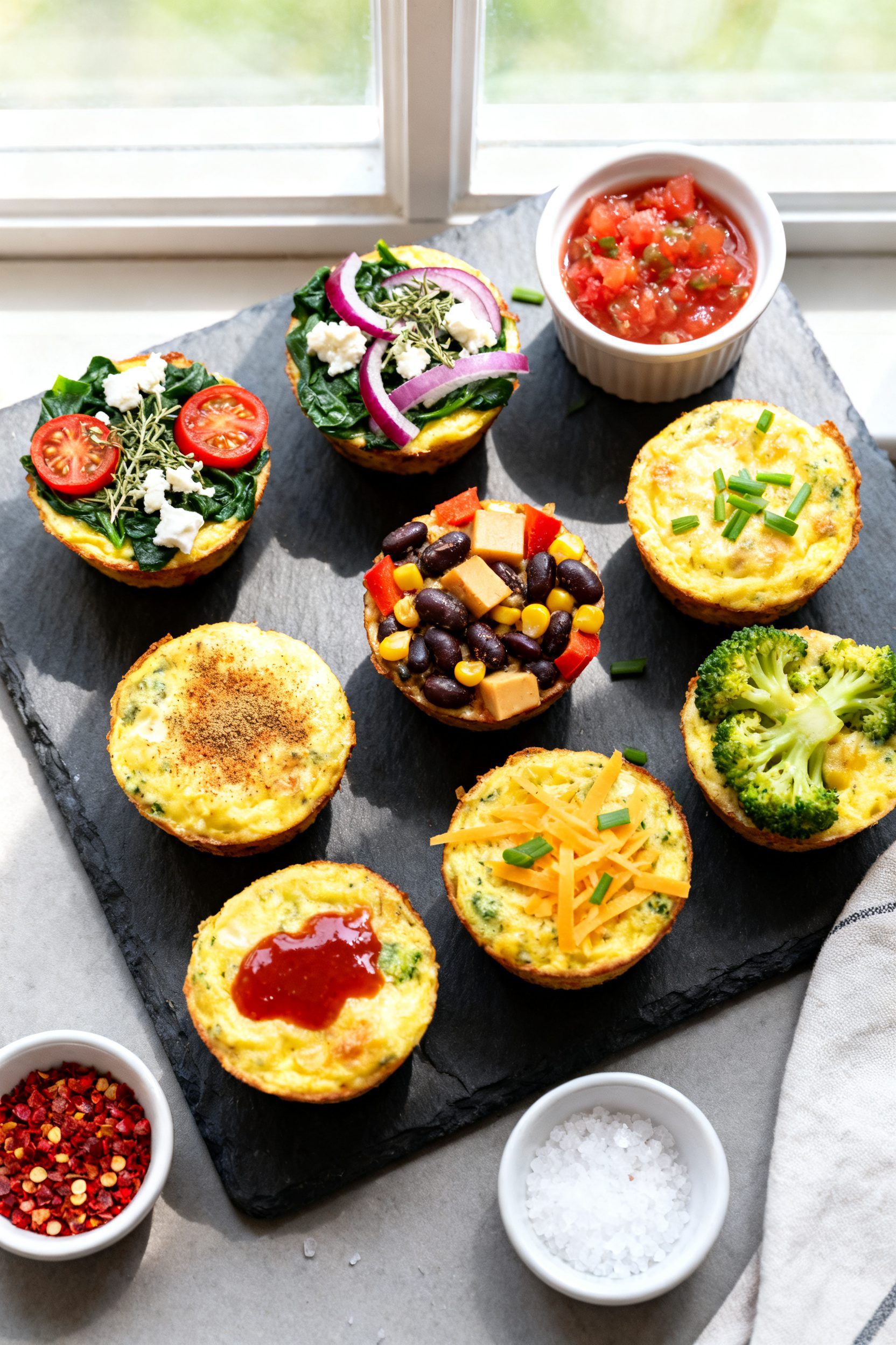 Overhead “tasty top view” of an assorted platter of cooked egg muffin cups arranged on a slate b