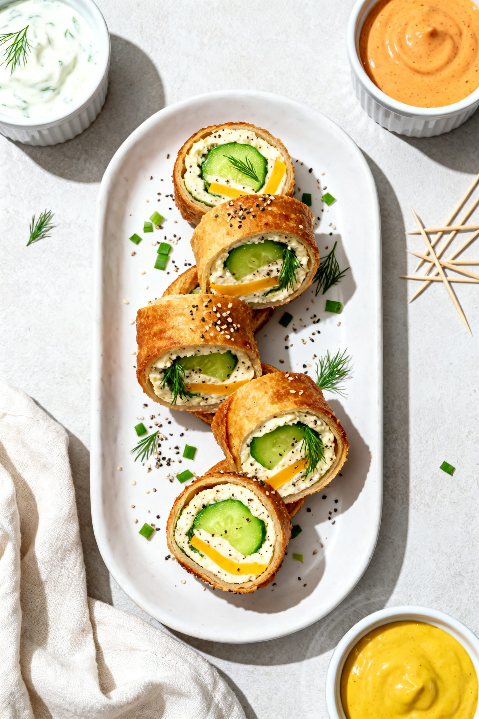 Overhead tasty top view: Sliced pickle wrap bites (2–3 pieces per roll) arranged in a loose spiral