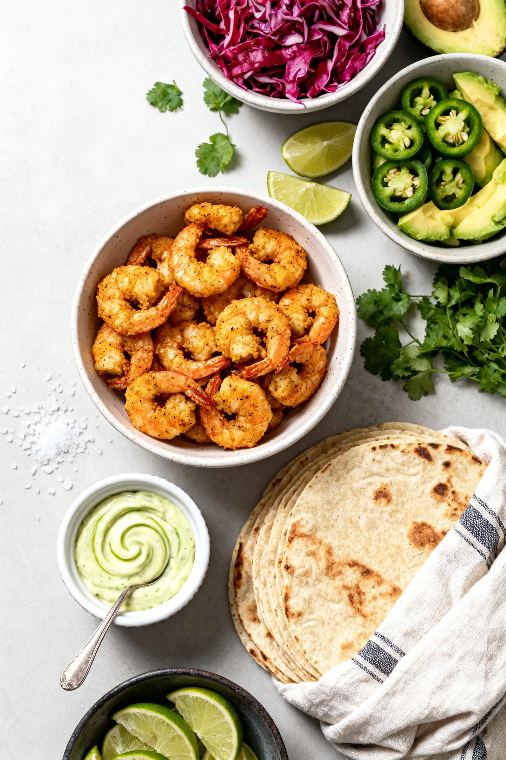 Overhead “tasty top view” spread: Top-down shot of a build-your-own shrimp taco scene—bowl of 