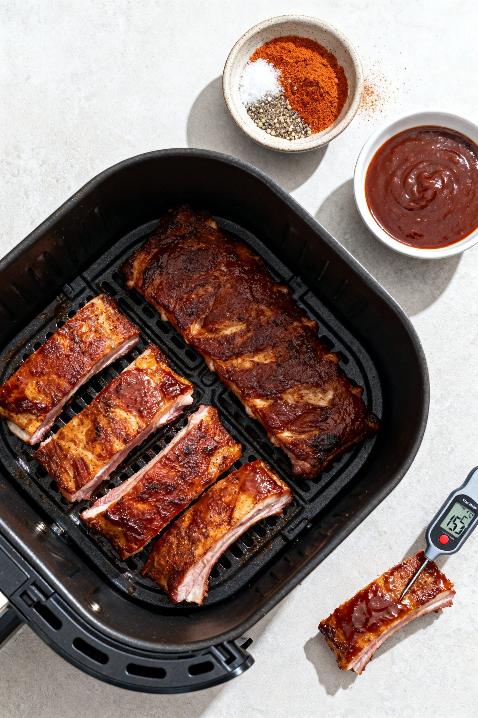 Overhead “tasty top view”: Top-down shot of boneless pork ribs arranged in a single layer with s