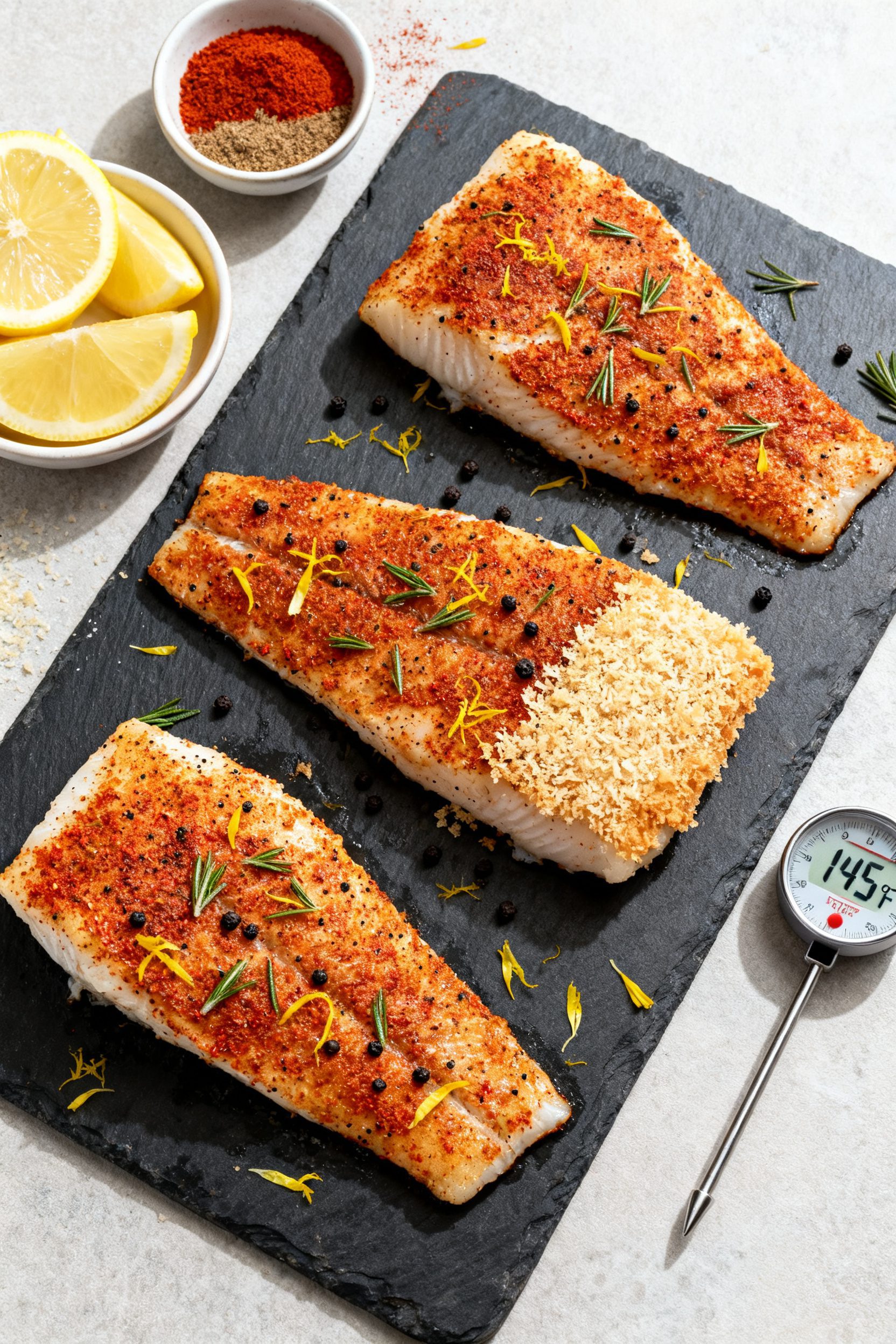 Overhead “tasty top view”: Top-down shot of four seasoned cod fillets arranged on a dark slate b