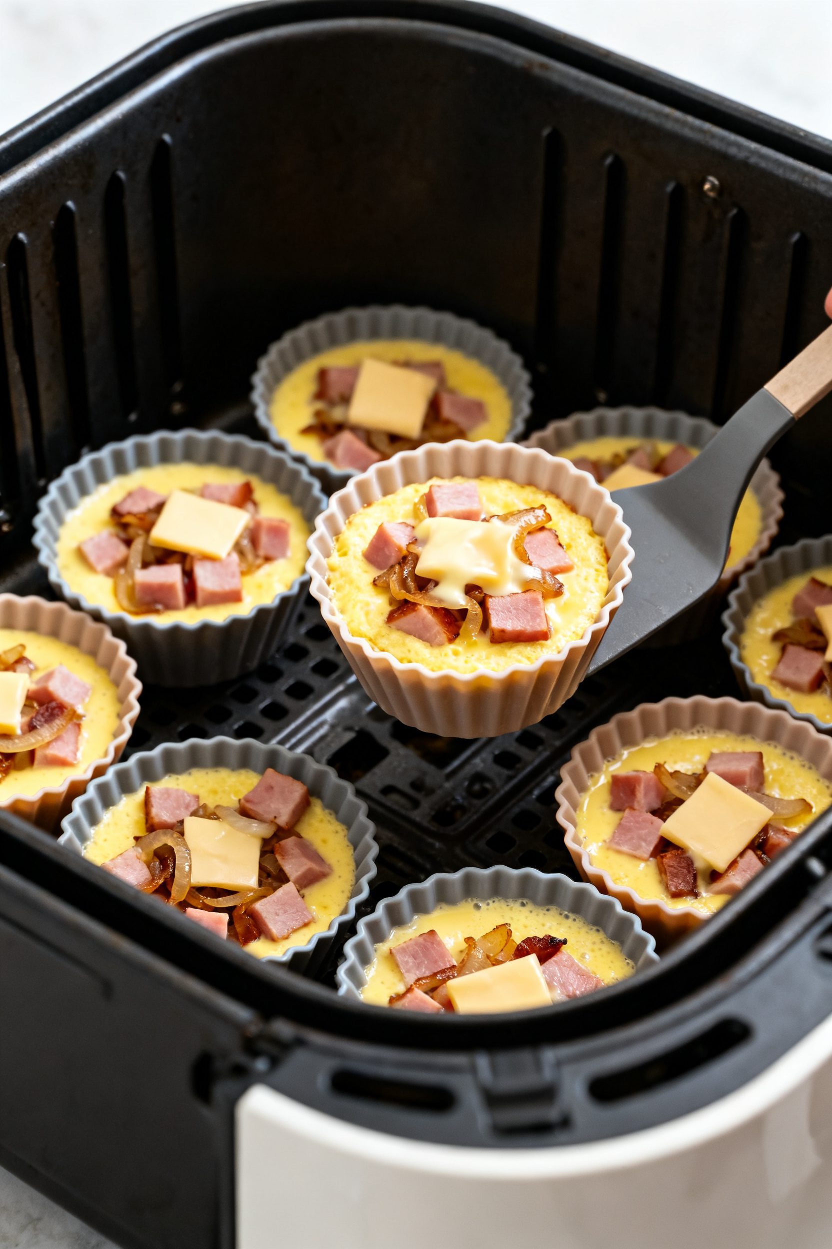 Process-in-action shot inside the air fryer basket: silicone cups neatly spaced, each filled about 3