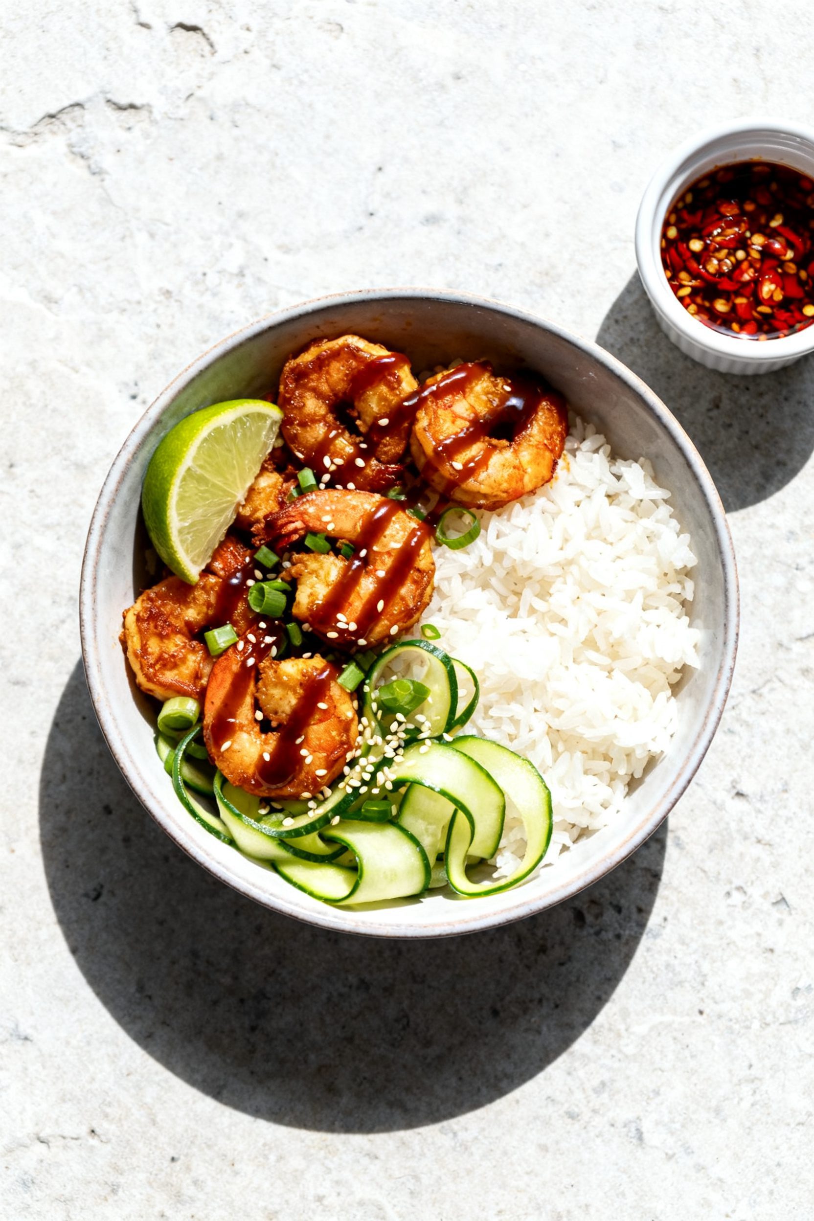 Tasty overhead bowl-meal: of an assembled rice bowl topped with the glazed air-fried shrimp, fluffy 