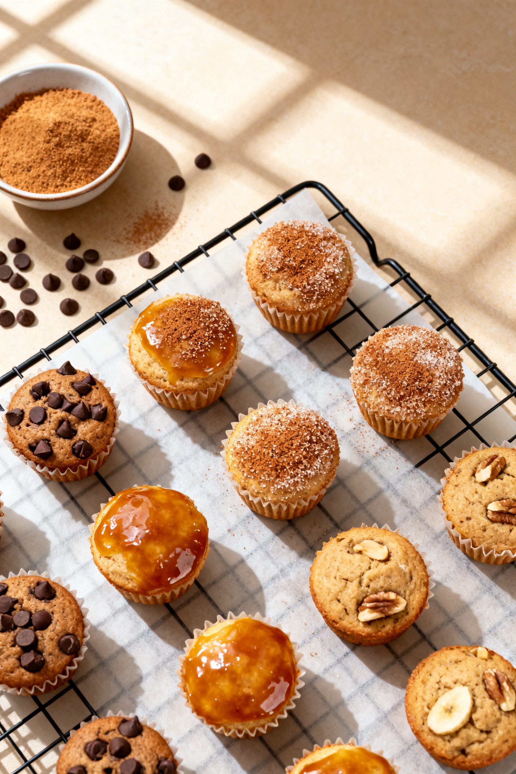 Tasty : overhead shot of a mixed assortment of mini muffins on a cooling rack—chocolate chip, cinn