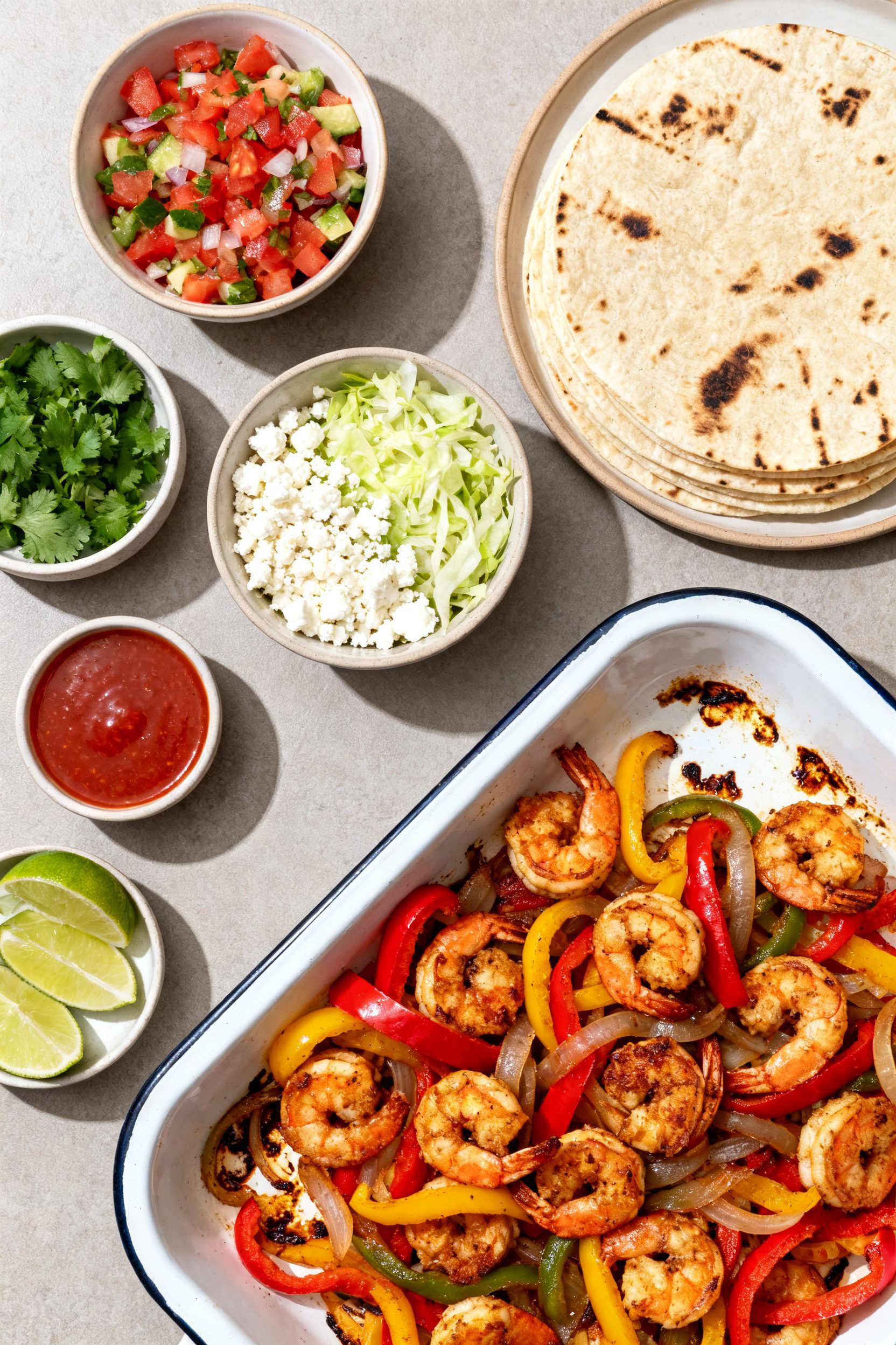 Tasty top-down spread: Overhead shot of a DIY fajita setup—air-fried shrimp and peppers/onions pil