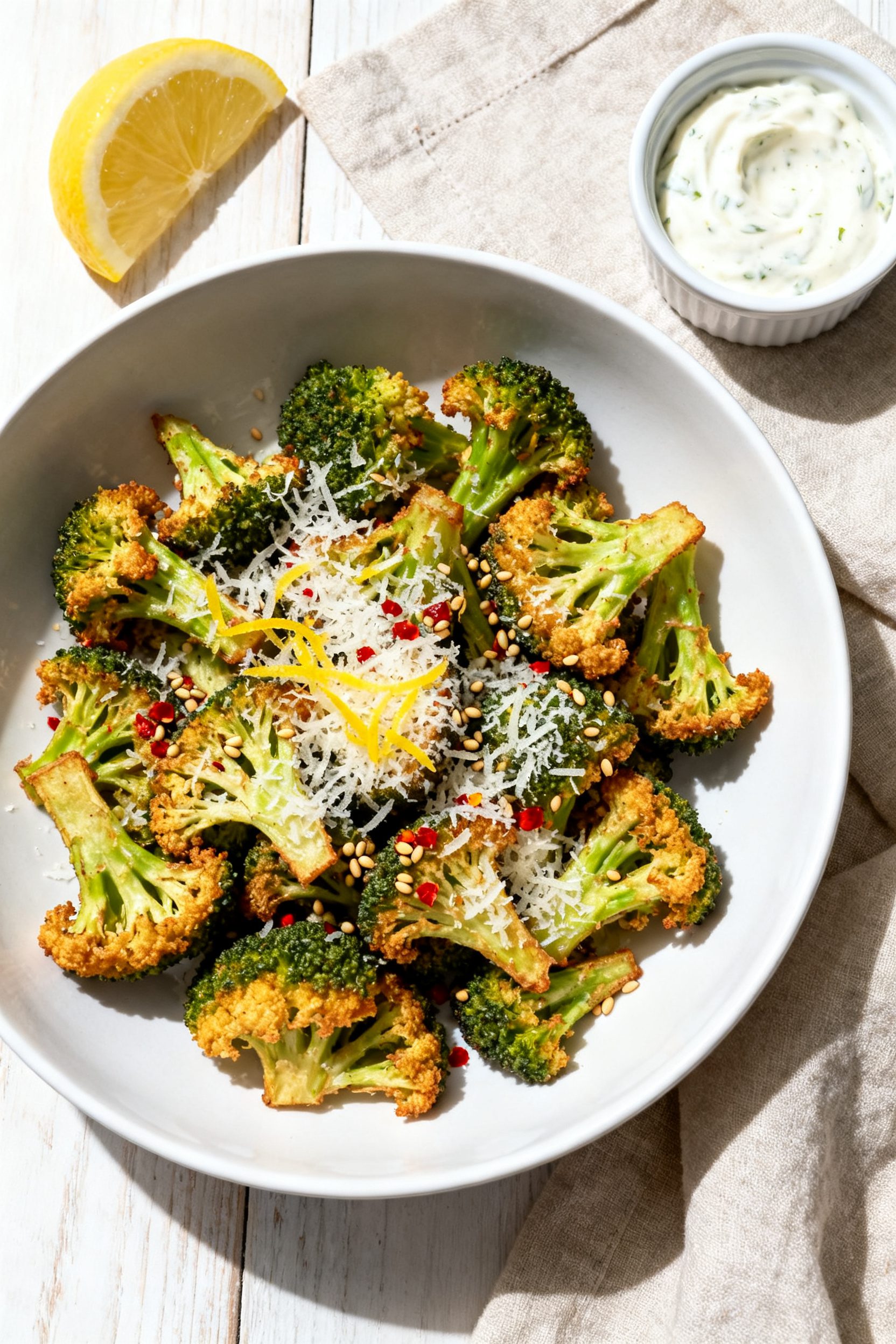 Tasty top view final dish: Overhead shot of a wide, low white bowl piled with golden-edged broccoli 