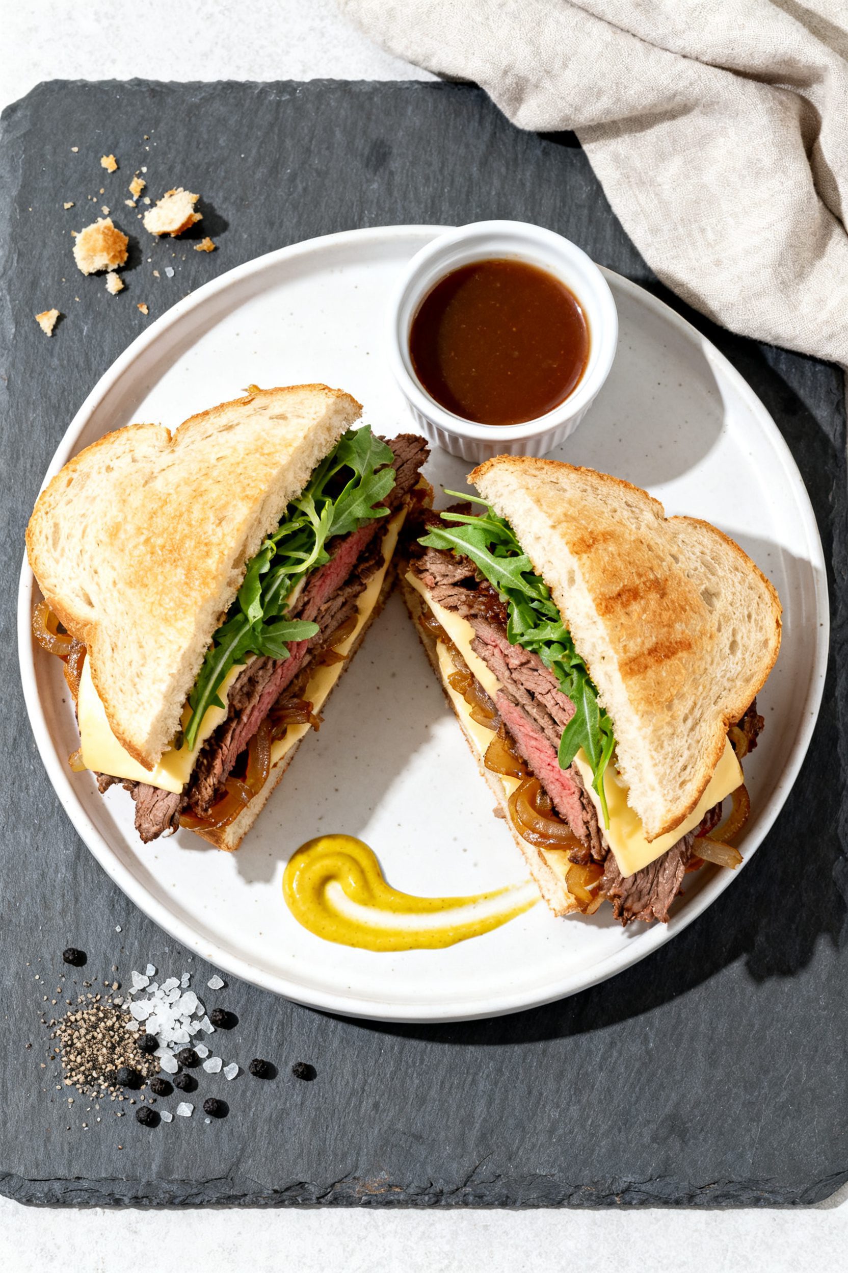 Tasty top view (final presentation): Overhead shot of a halved Air Fryer Roast Beef Sandwich on a wh