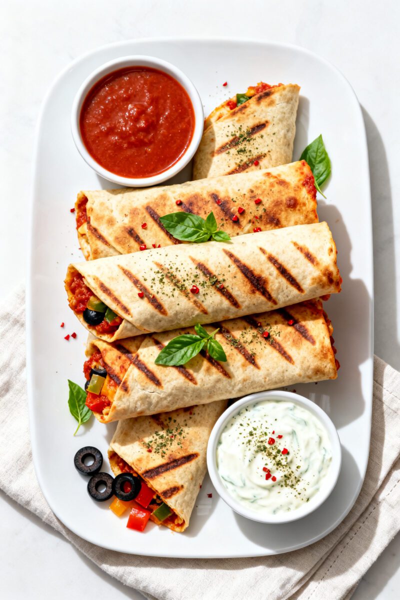 Tasty top view (final presentation): Overhead shot of a platter of pizza taquitos stacked neatly wit