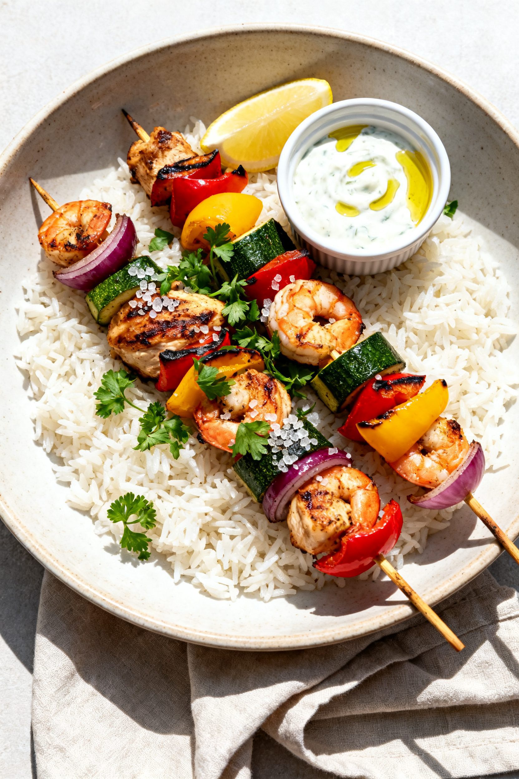Tasty top-view final presentation: Overhead shot of finished chicken and shrimp kabobs arranged over