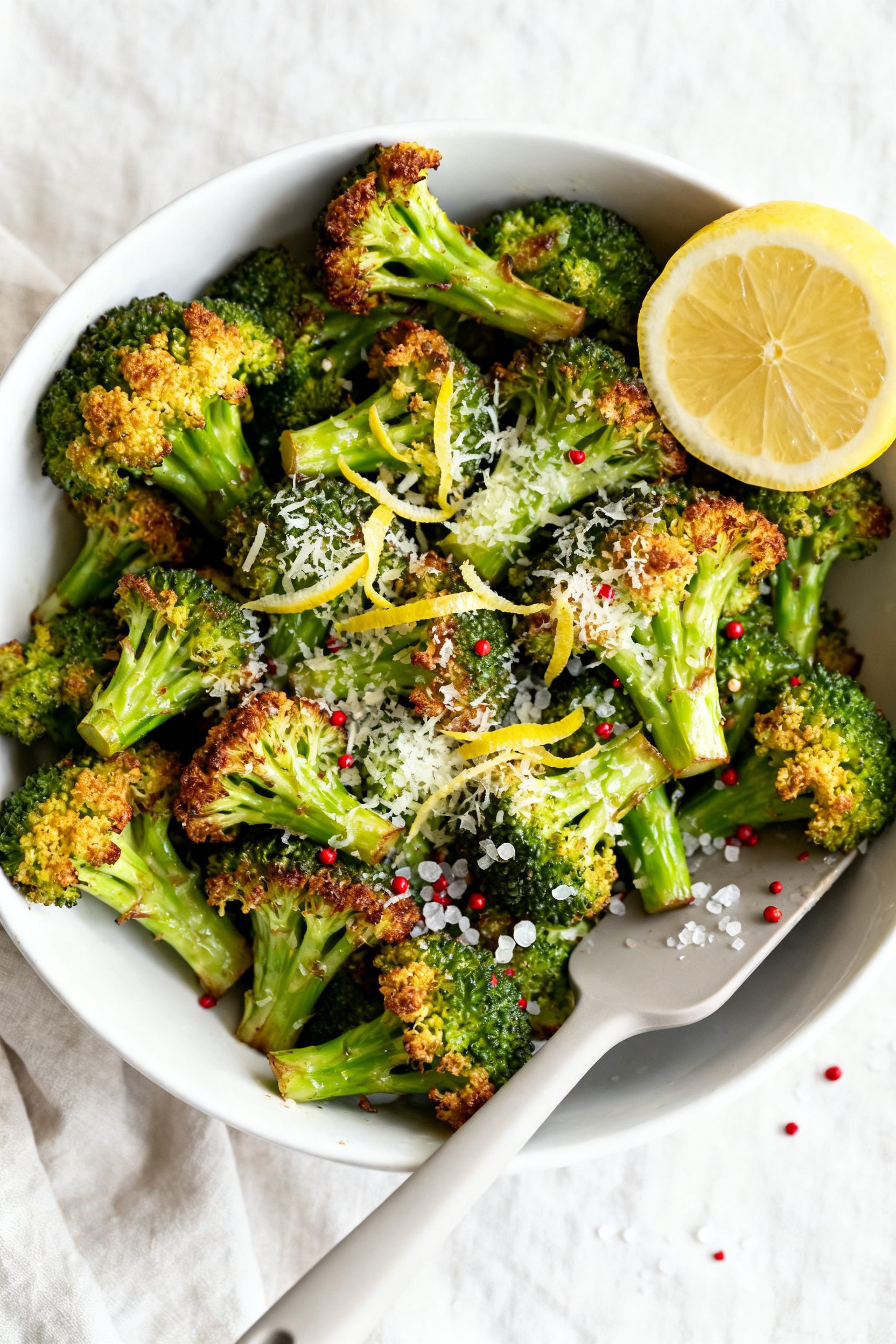 Tasty top view, final toss: Overhead shot of a large white bowl filled with just-cooked air fryer br