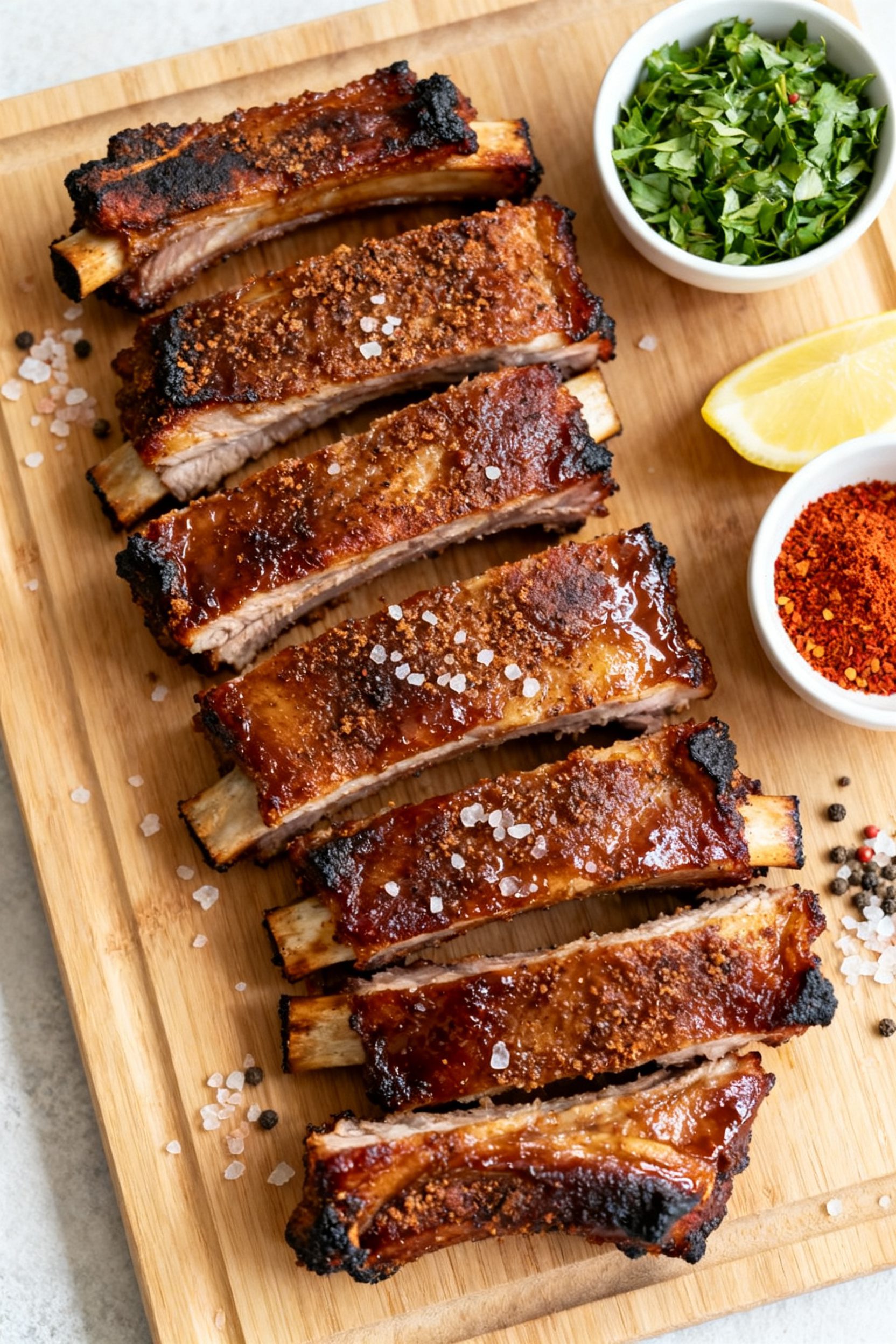 Tasty top view (overhead): Board-style serving shot of flanken-style air-fried ribs arranged in a si
