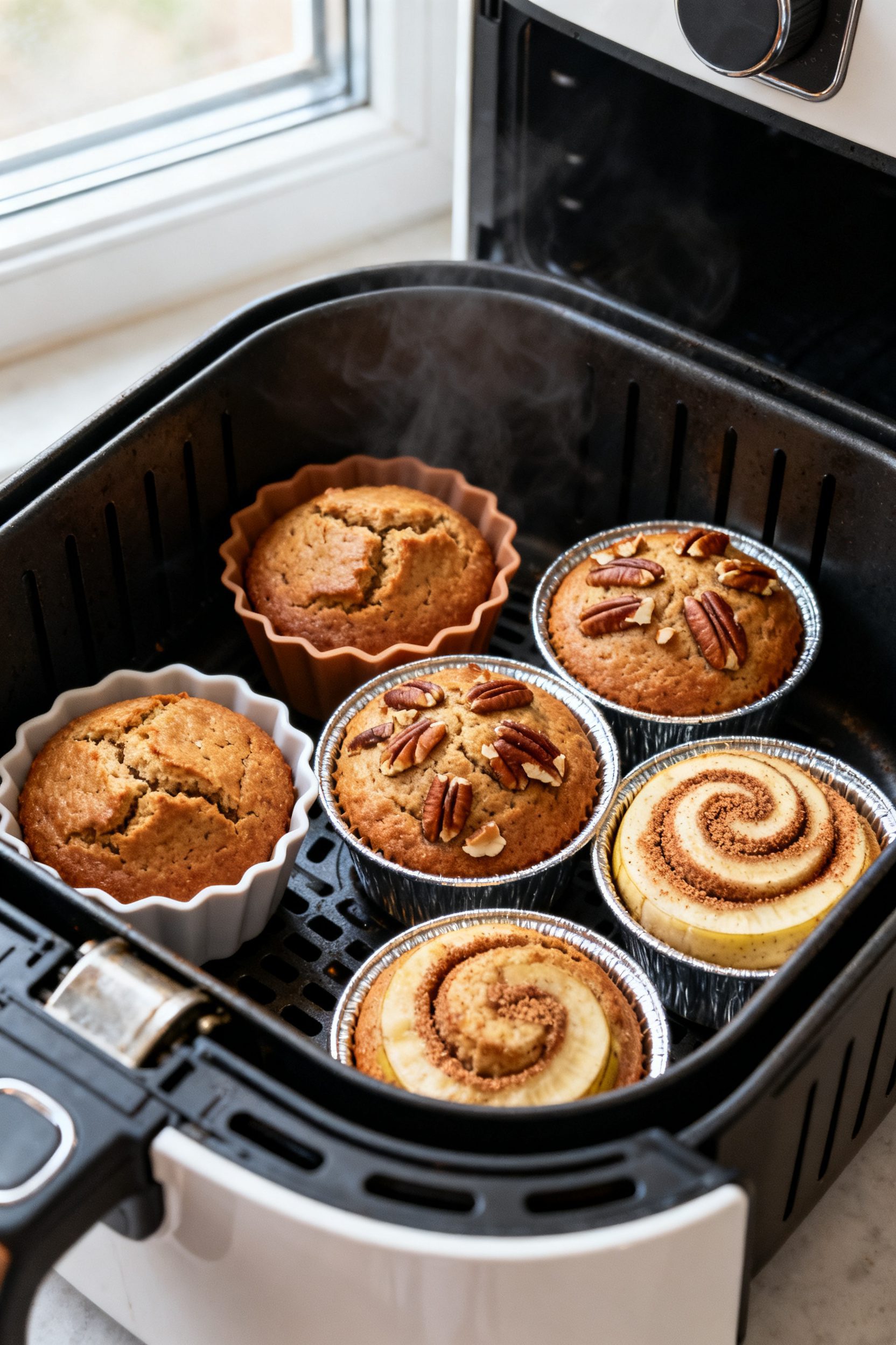 Tasty top view: Overhead shot of 5–6 air-fried banana muffins arranged in silicone and metal cups 