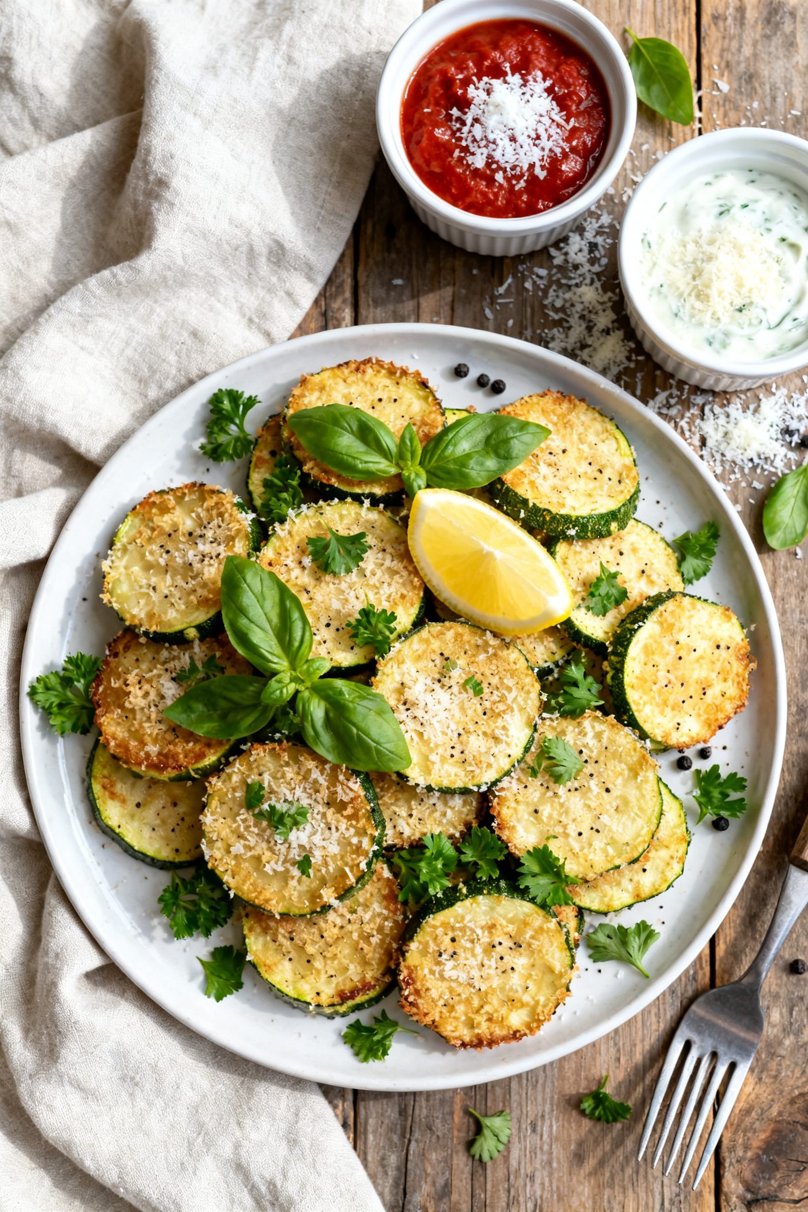 Tasty top view: Overhead shot of a bistro-style plate piled with Air Fryer Parmesan Zucchini rounds,