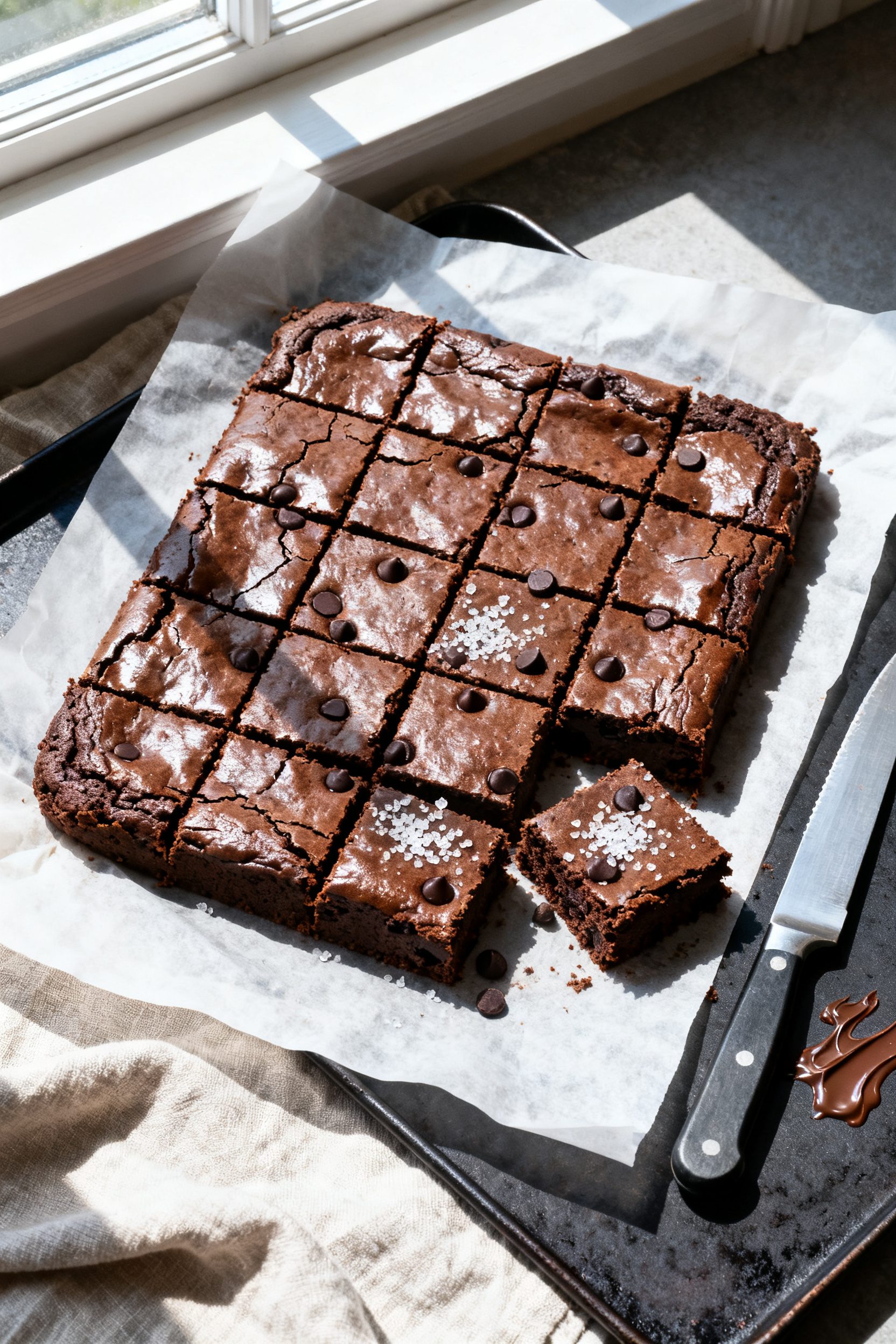 Tasty top view: Overhead shot of a cooled brownie slab on parchment lifted from the pan, cut into ul
