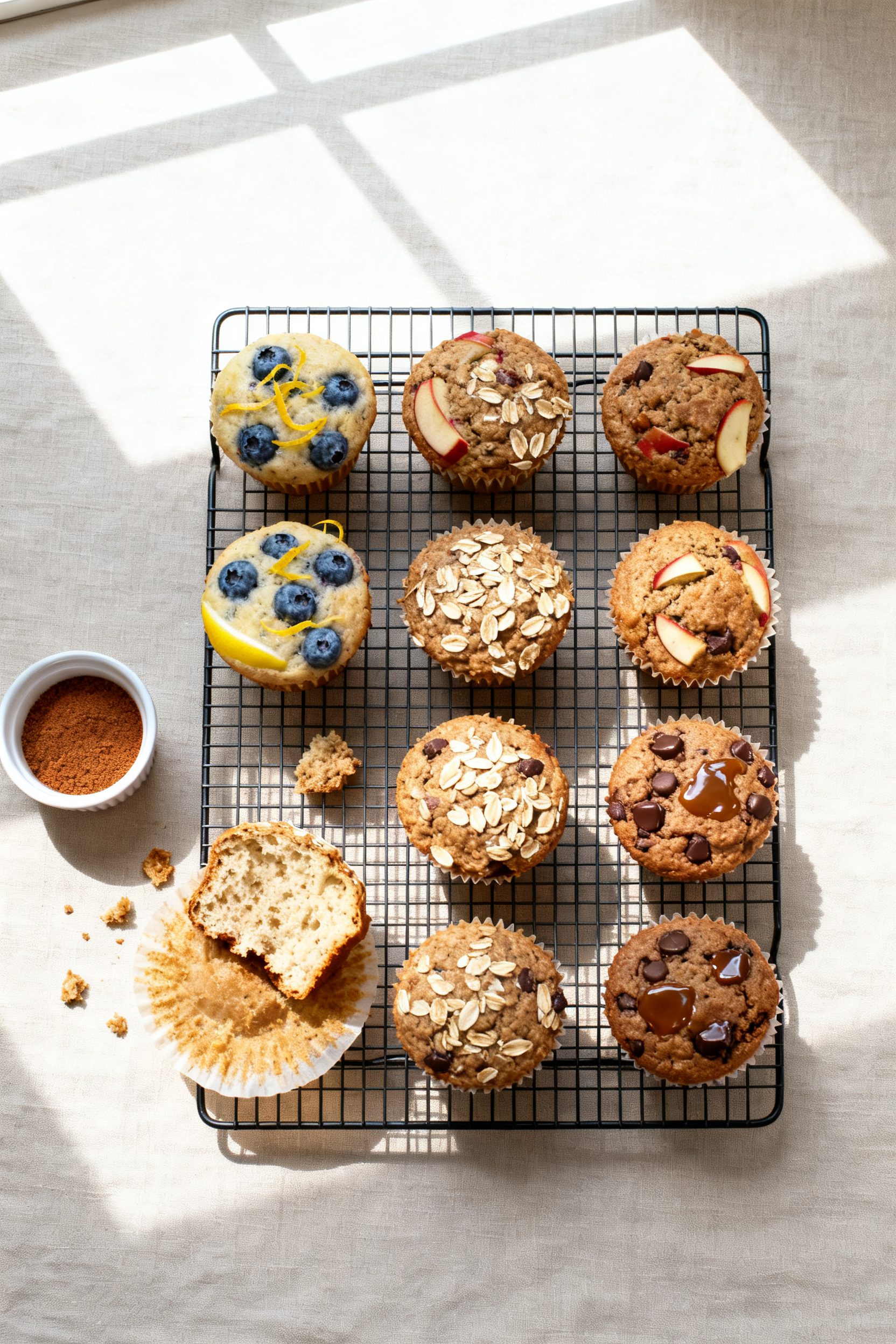 Tasty top view: Overhead shot of a cooling rack with 8–10 oatmeal muffins, varied mix-ins (blueber