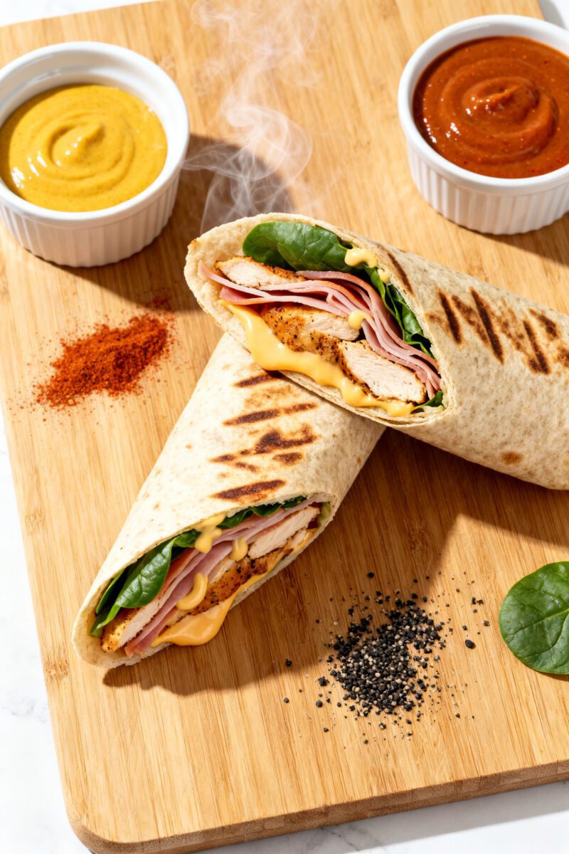 Tasty top view: Overhead shot of a cutting board scene showing a just-rested wrap sliced on a diagon