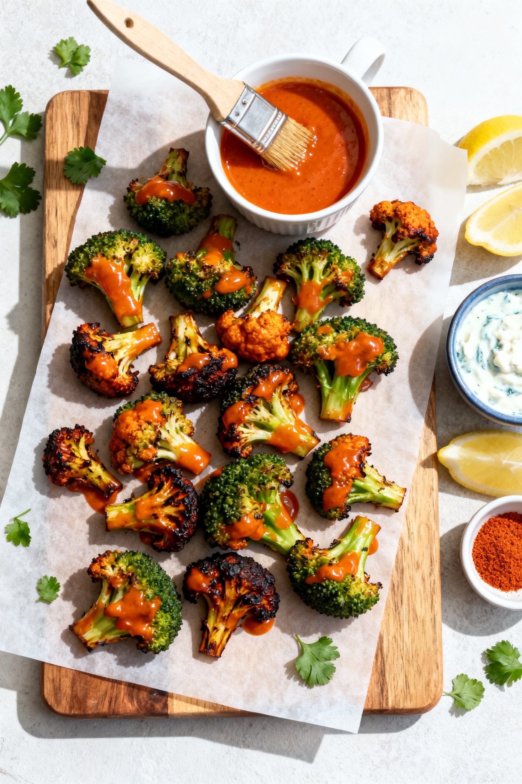 Tasty top view: Overhead shot of a game-day spread featuring Air Fryer Buffalo Broccoli arranged on 