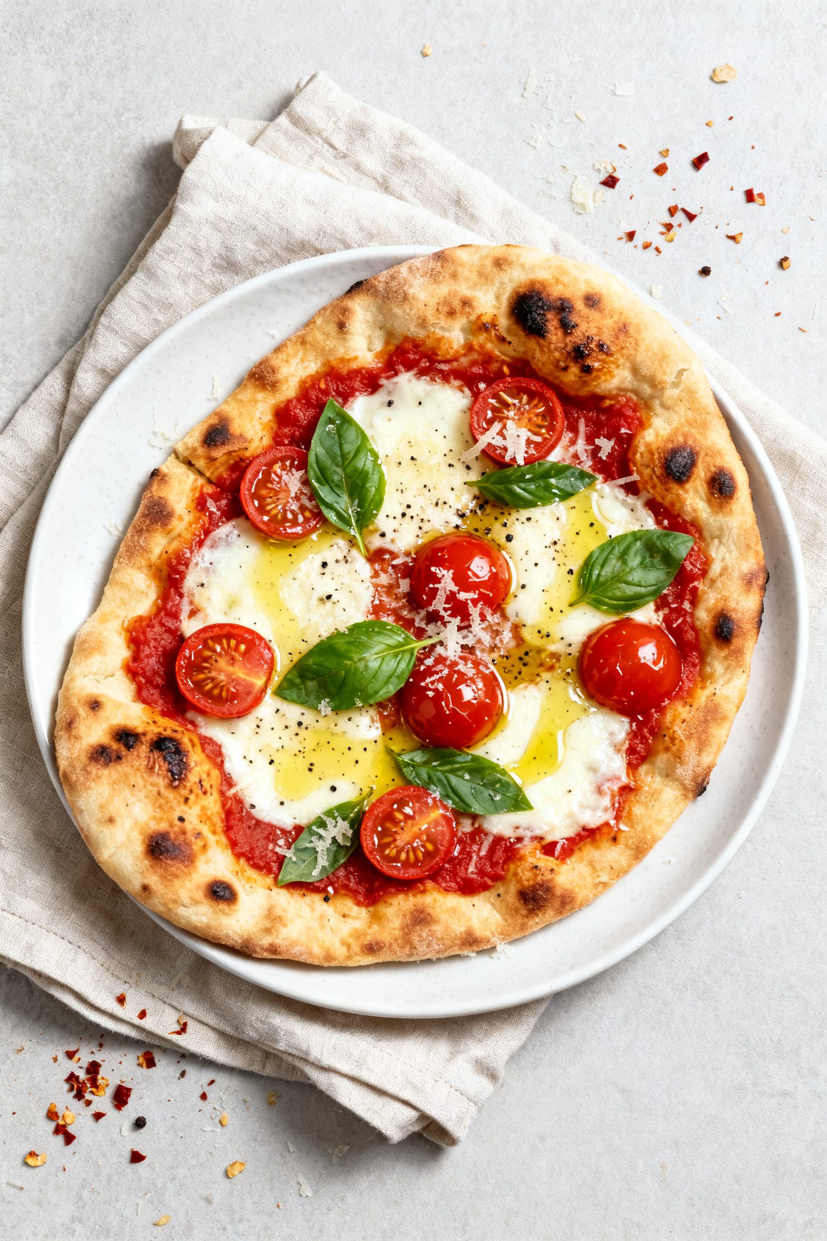 Tasty top view — Overhead shot of a Margherita-style air fryer naan pizza just rested for 1 minute