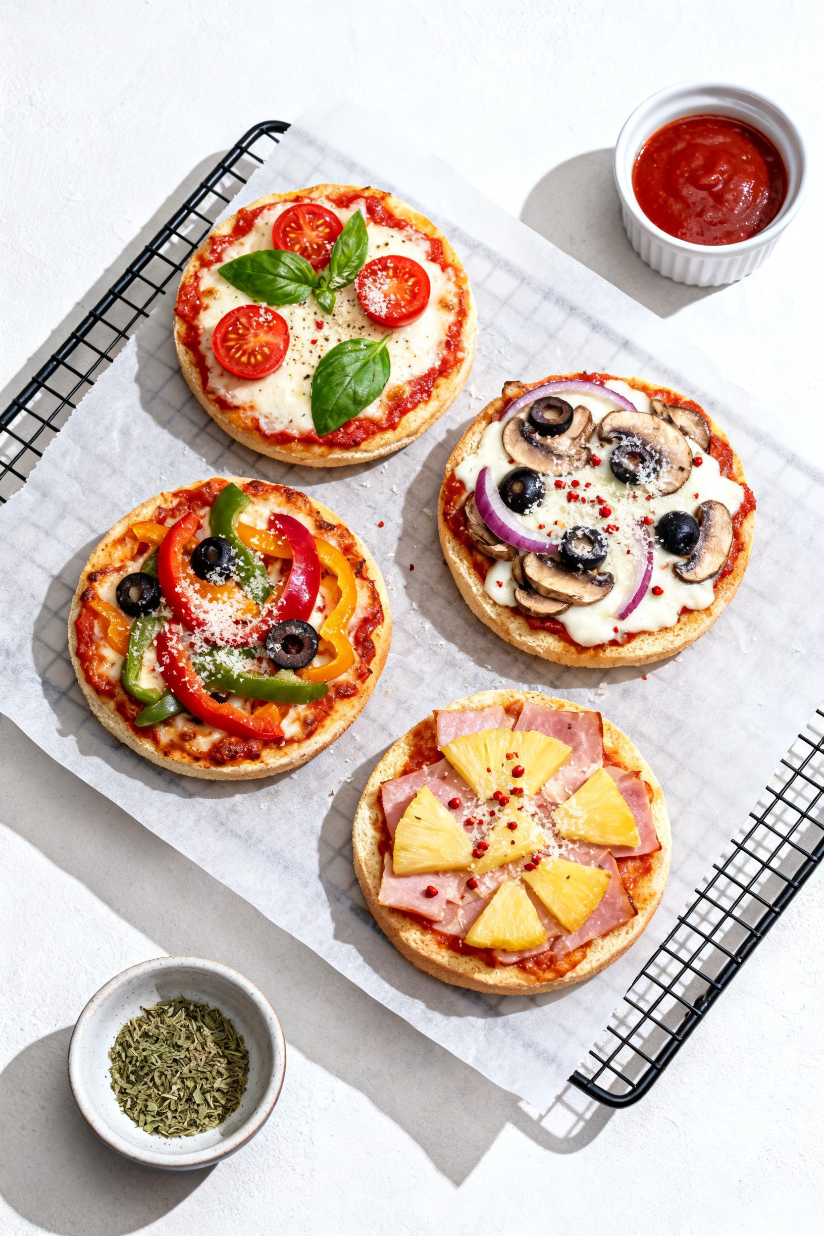 Tasty top view: Overhead shot of a mixed-topping assortment of cooked English muffin pizzas on a par