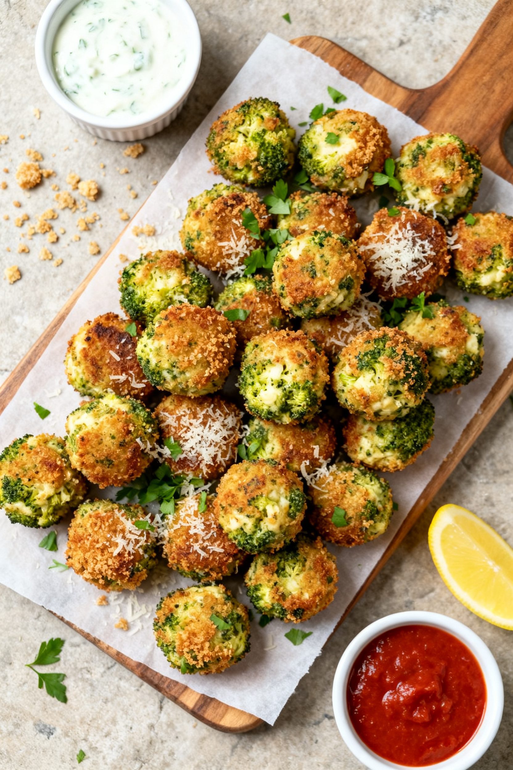 Tasty top view: Overhead shot of a parchment-lined board piled with uniformly sized broccoli cheese 