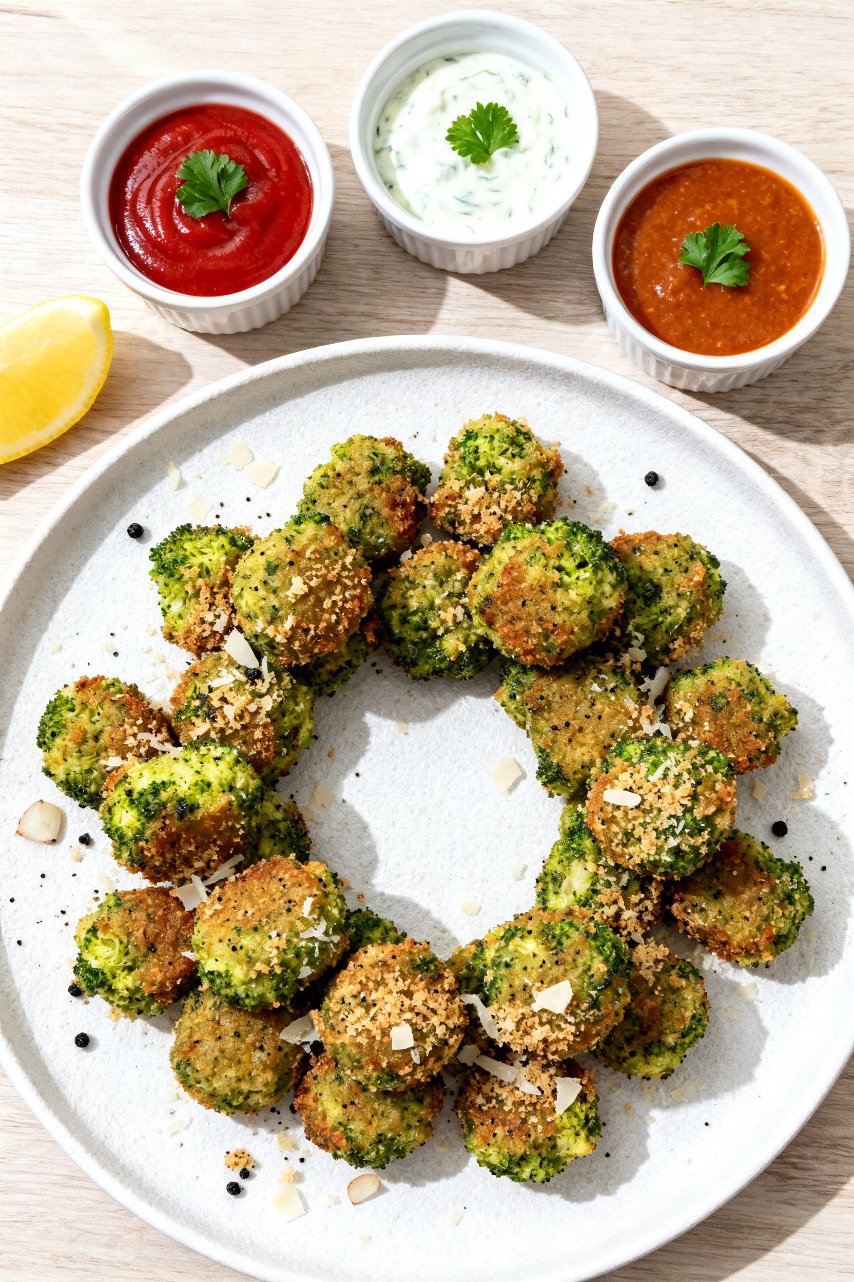 Tasty top view: Overhead shot of a platter of broccoli tots arranged in a casual spiral on a matte w