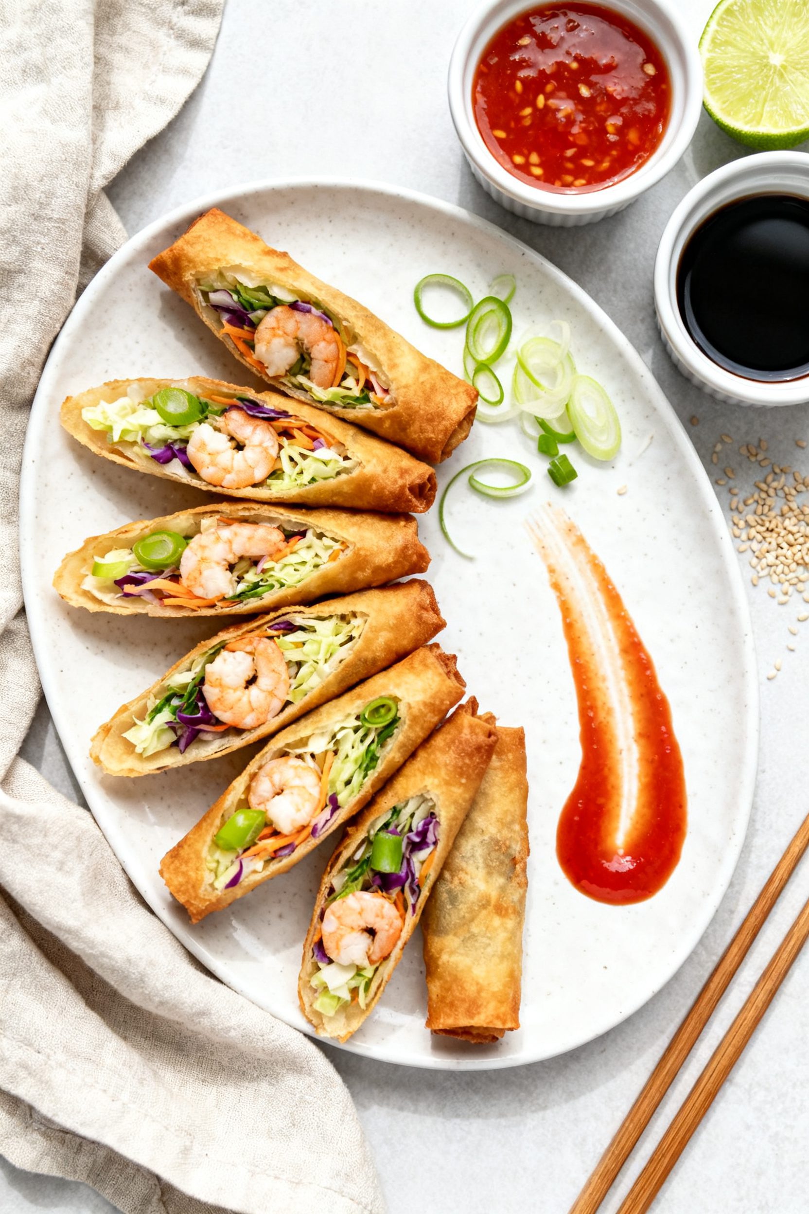 Tasty top view: Overhead shot of a platter of crispy shrimp egg rolls arranged in a neat fan on a wh
