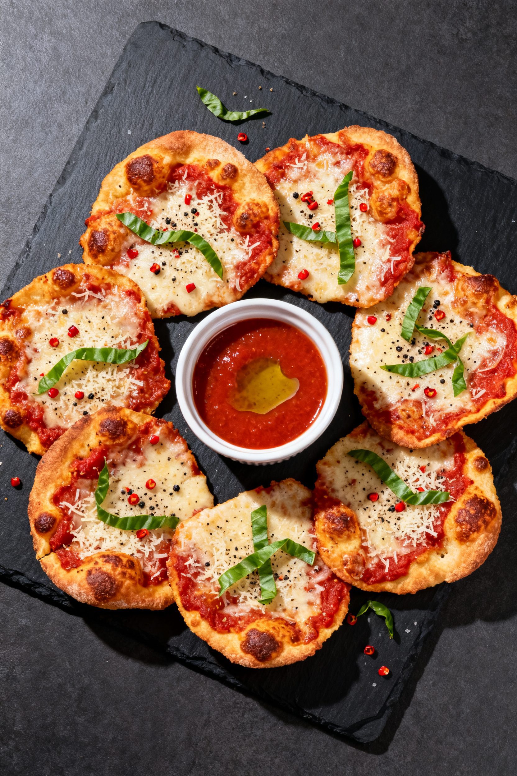 Tasty top view: Overhead shot of a platter of finished Air Fryer Pizza Chips arranged in a loose cir