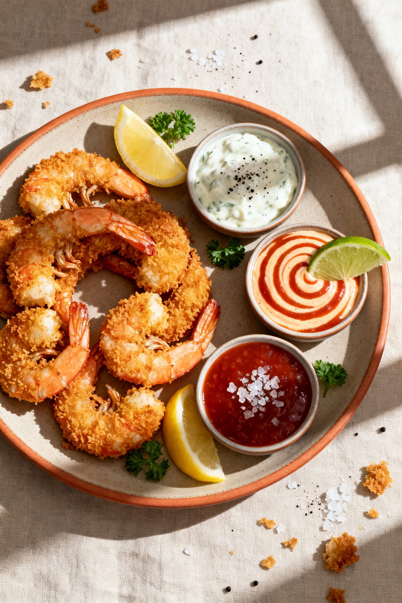 Tasty top view: Overhead shot of a platter of panko-crusted shrimp arranged in a loose spiral, serve