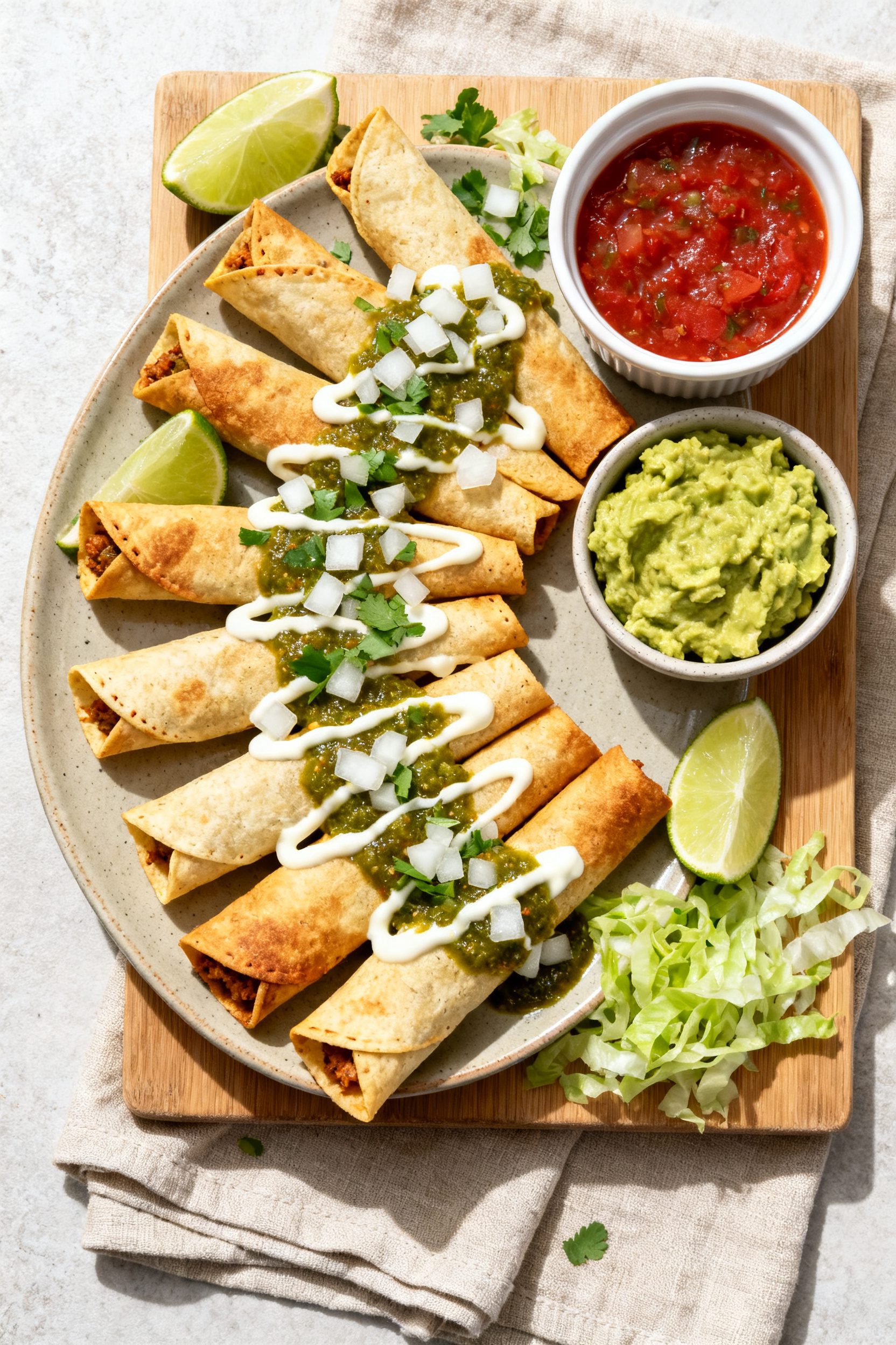 Tasty top view: Overhead shot of a platter of taquitos arranged in a fan, seam-side down, topped wit