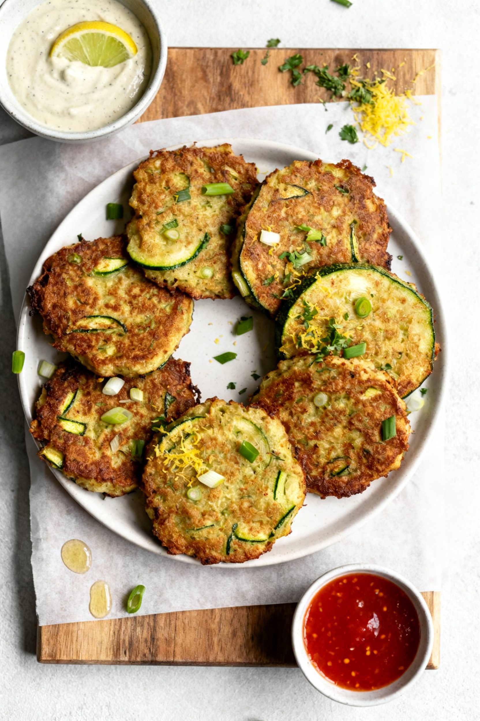 Tasty top view: Overhead shot of a platter of zucchini fritters arranged in a loose circle, each fri