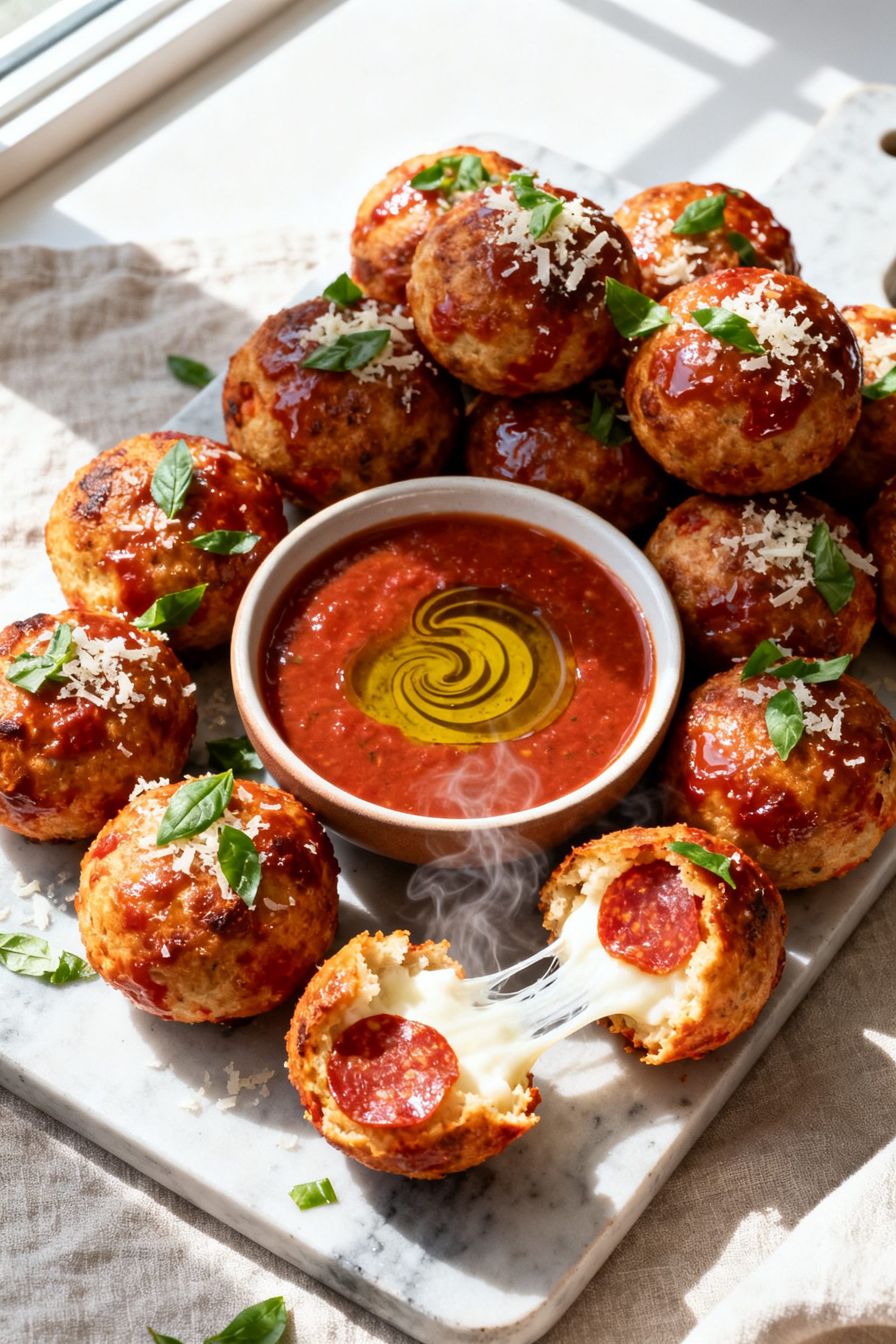Tasty top view: Overhead shot of a serving board piled with Air Fryer Pizza Balls, evenly browned wi
