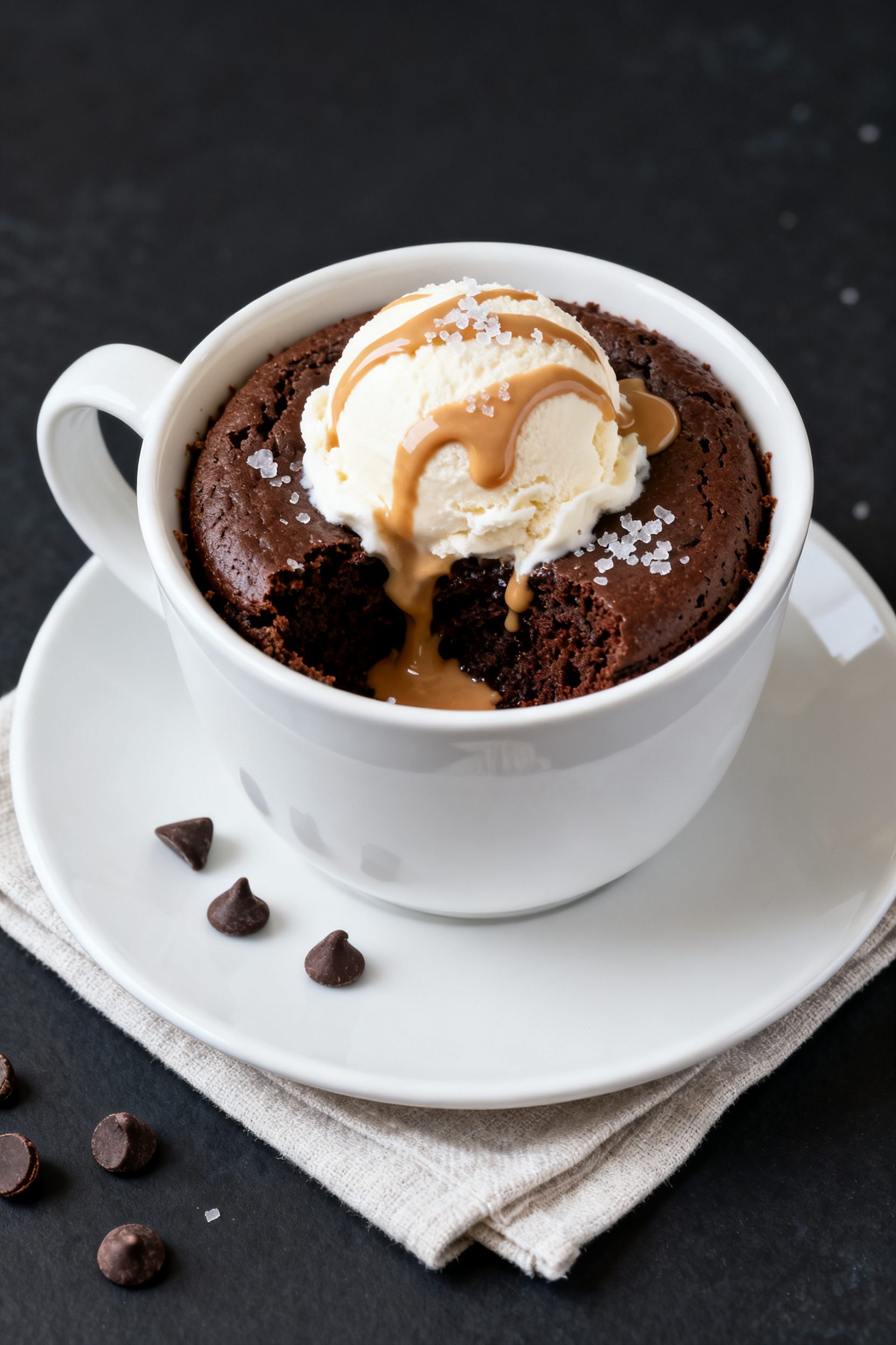Tasty top view: Overhead shot of a single-serve air fryer mug brownie resting on a small linen napki