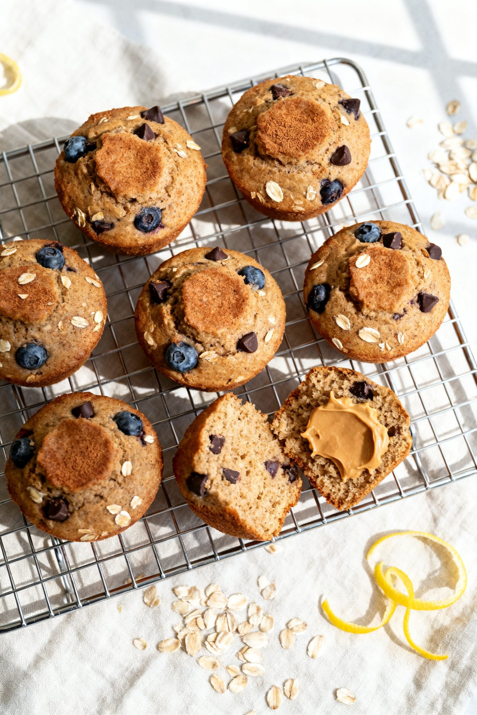 Tasty top view — Overhead shot of a small-batch set of 6 healthy air fryer muffins on a cooling ra