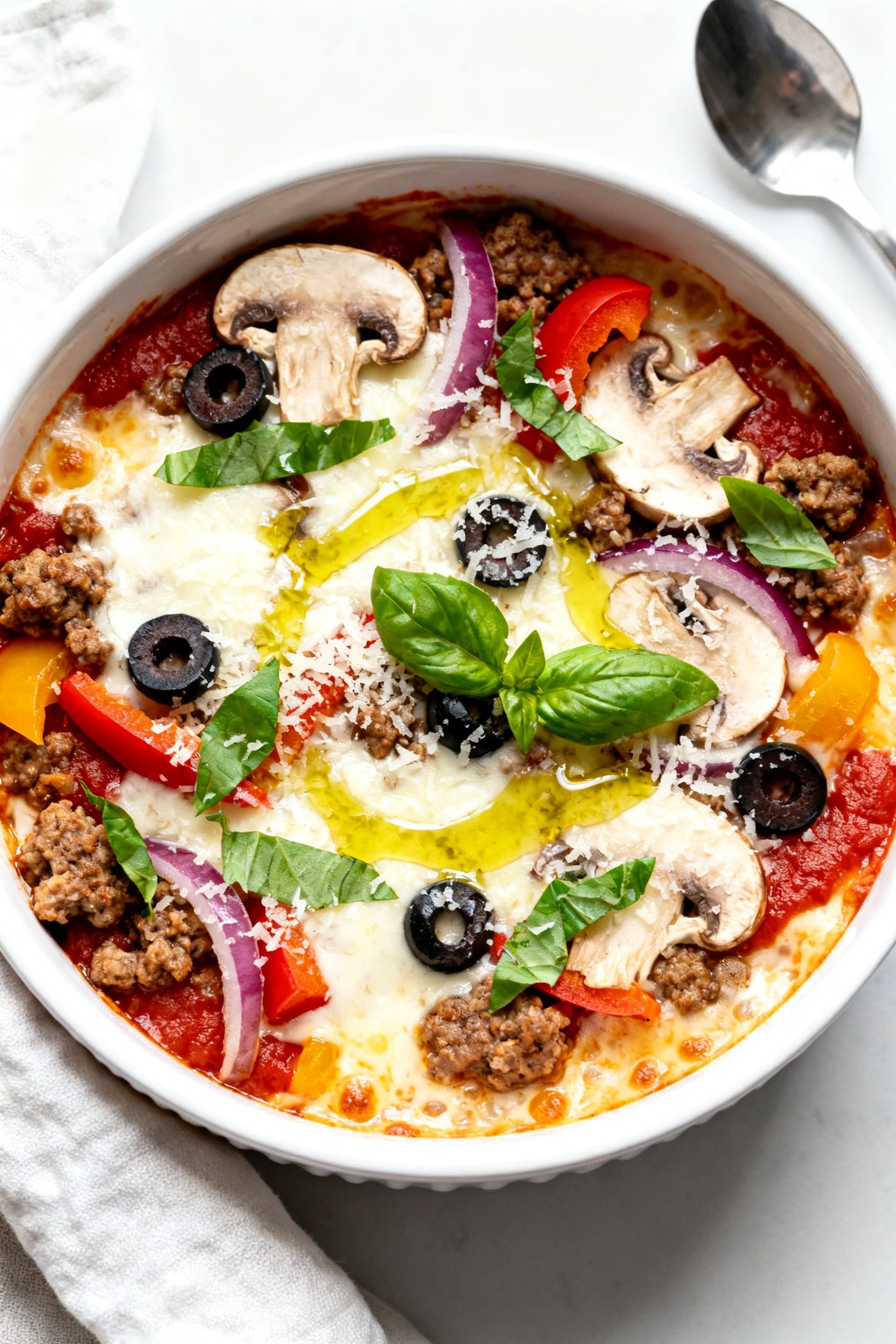 Tasty top view: Overhead shot of a Supreme-Style Air Fryer Pizza Bowl in a shallow white ramekin, sh