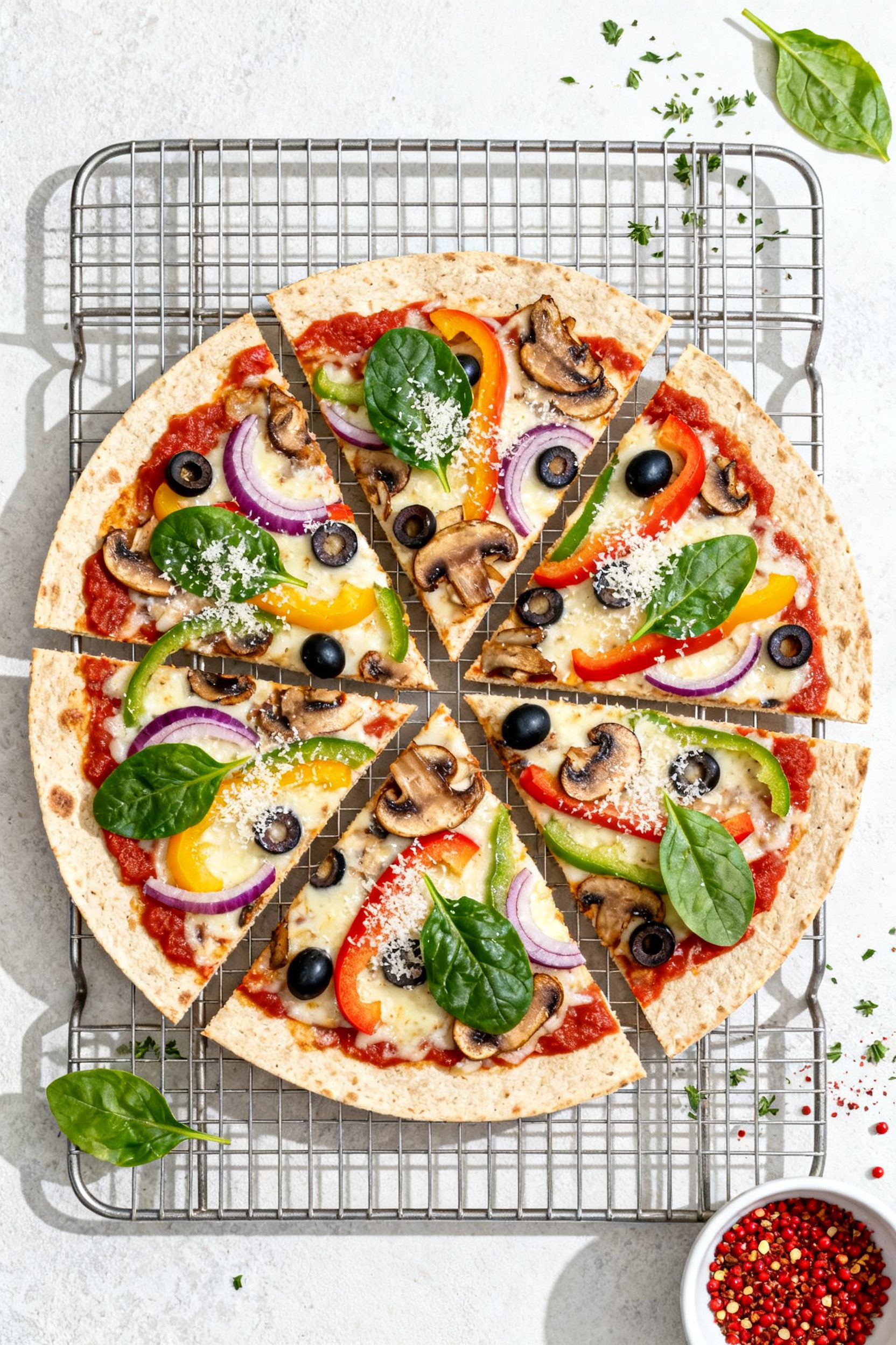 Tasty top view: Overhead shot of a Veggie Supreme tortilla pizza sliced into quarters on a cooling r