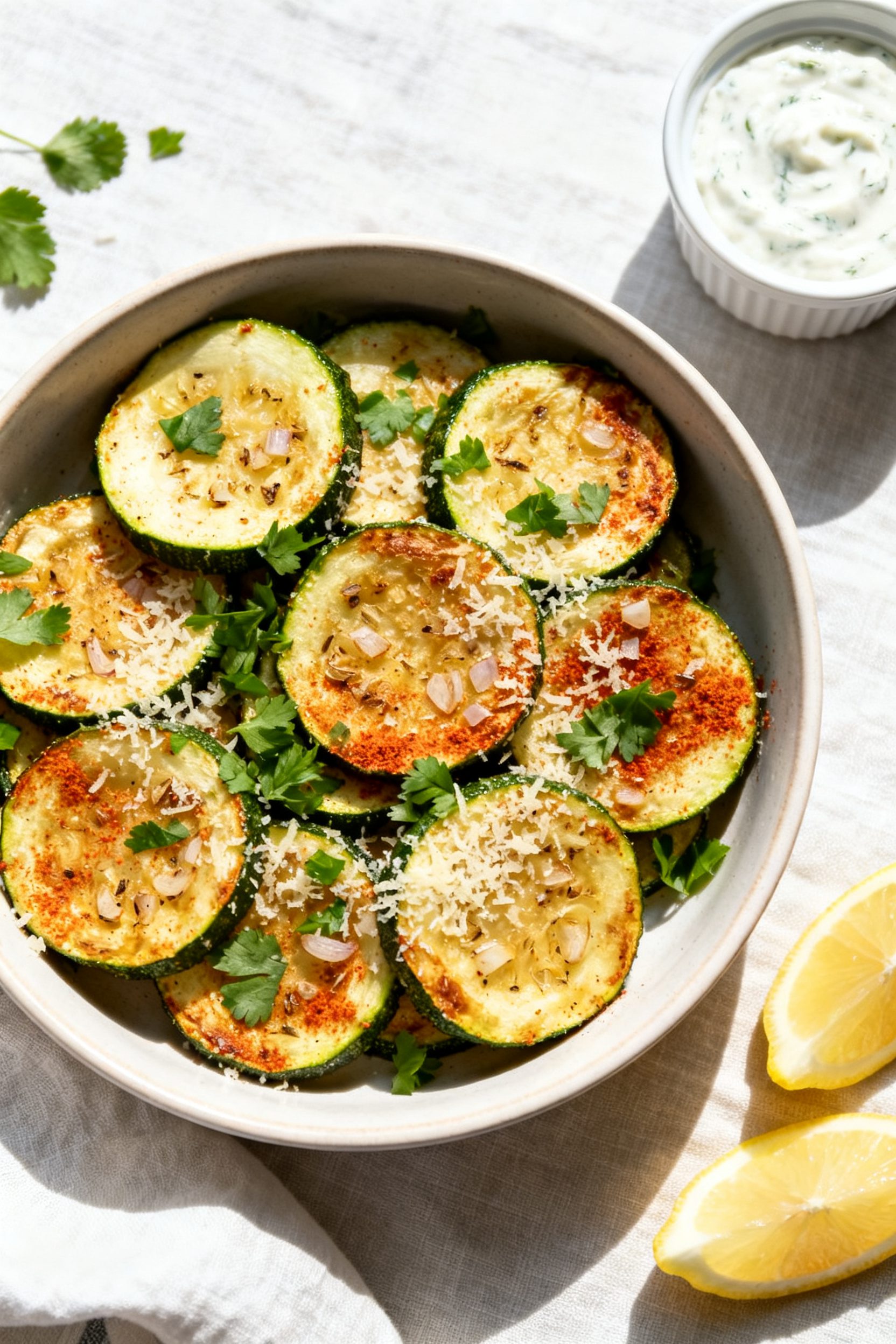 Tasty top view: Overhead shot of a warm bowl of keto air fryer zucchini half-moons arranged in a sin