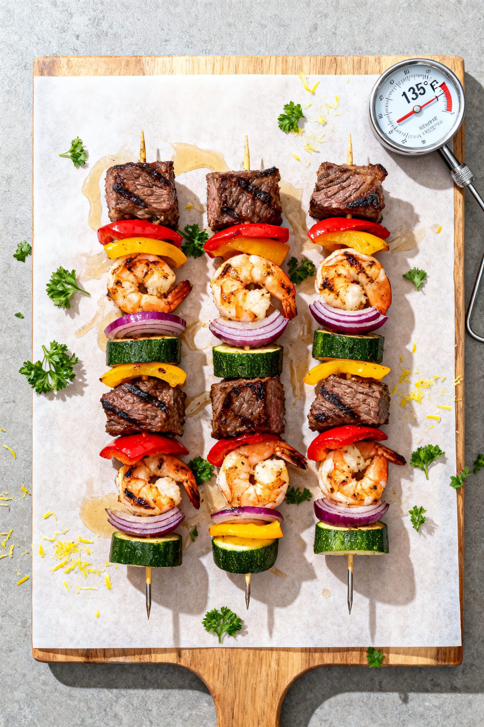 Tasty top view: Overhead shot of assembled steak and shrimp kabobs resting 3 minutes on a parchment-