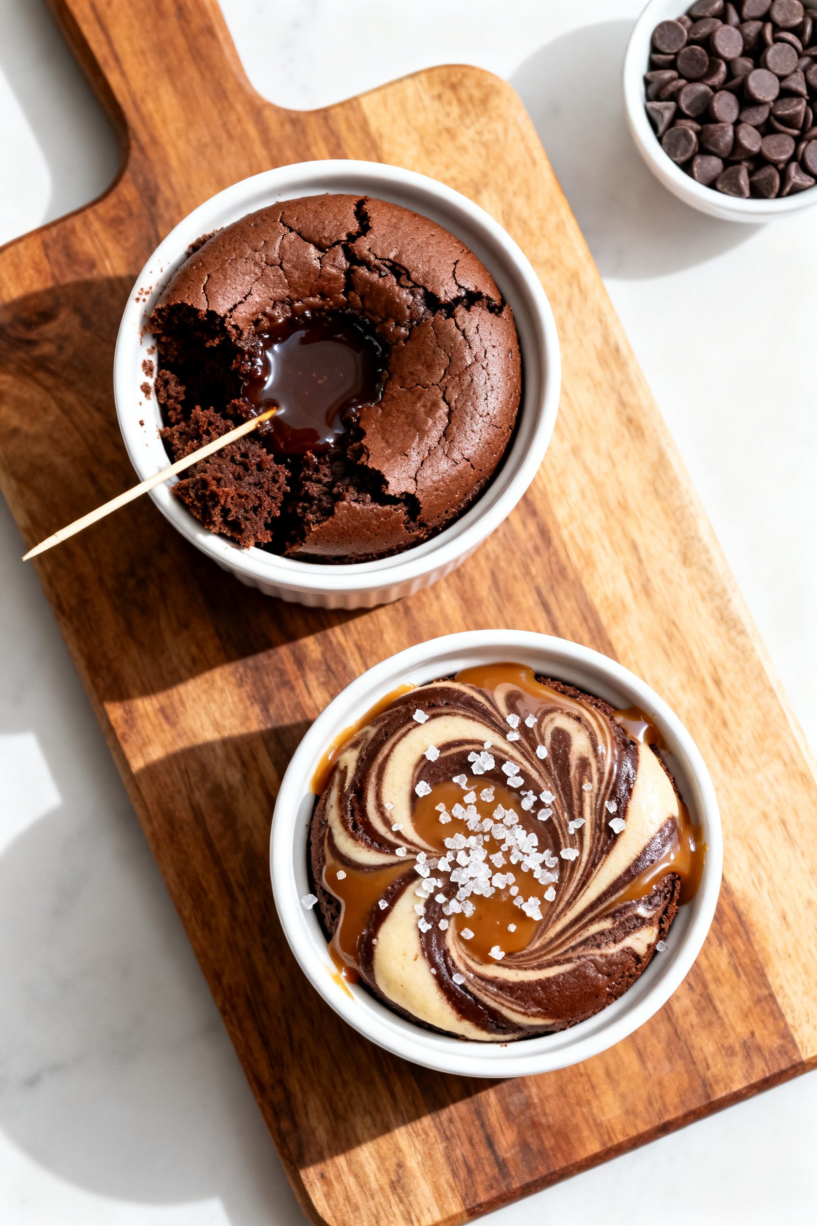 Tasty top view: Overhead shot of both brownies served in ramekins on a wooden board, glossy centers 