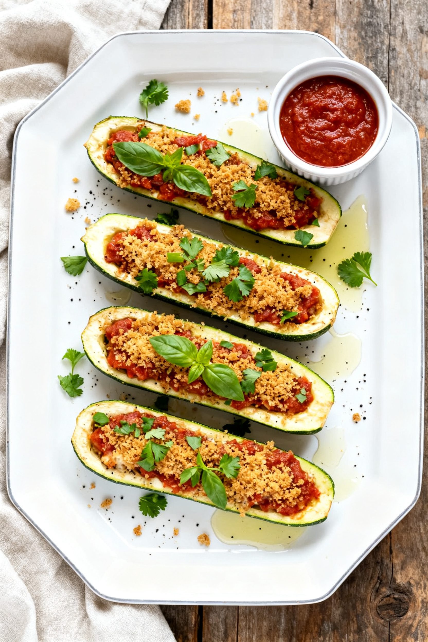Tasty top view: Overhead shot of four finished Air Fryer Zucchini Boats on a white rimmed platter, n
