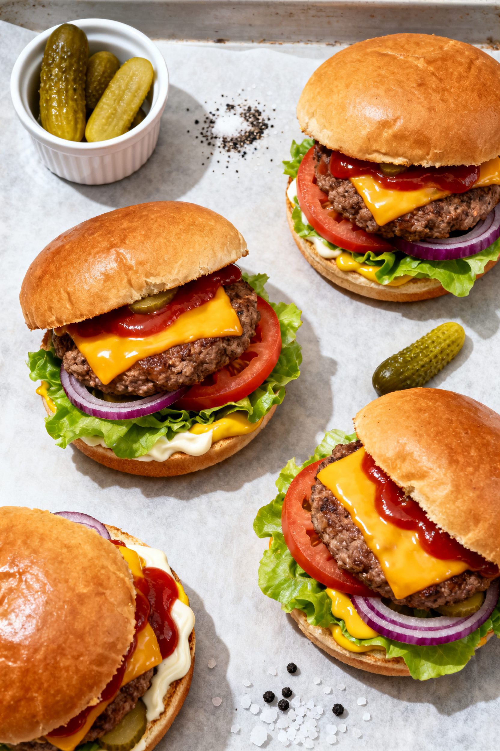 Tasty top view: Overhead shot of fully assembled classic cheeseburgers on toasted buns—80/20 beef 
