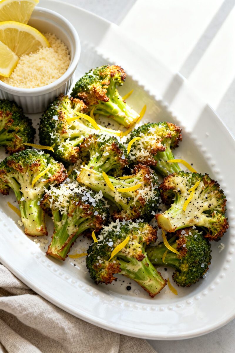 Tasty top view: Overhead shot of Lemon-Parmesan air fryer broccoli on a white ceramic platter, flore