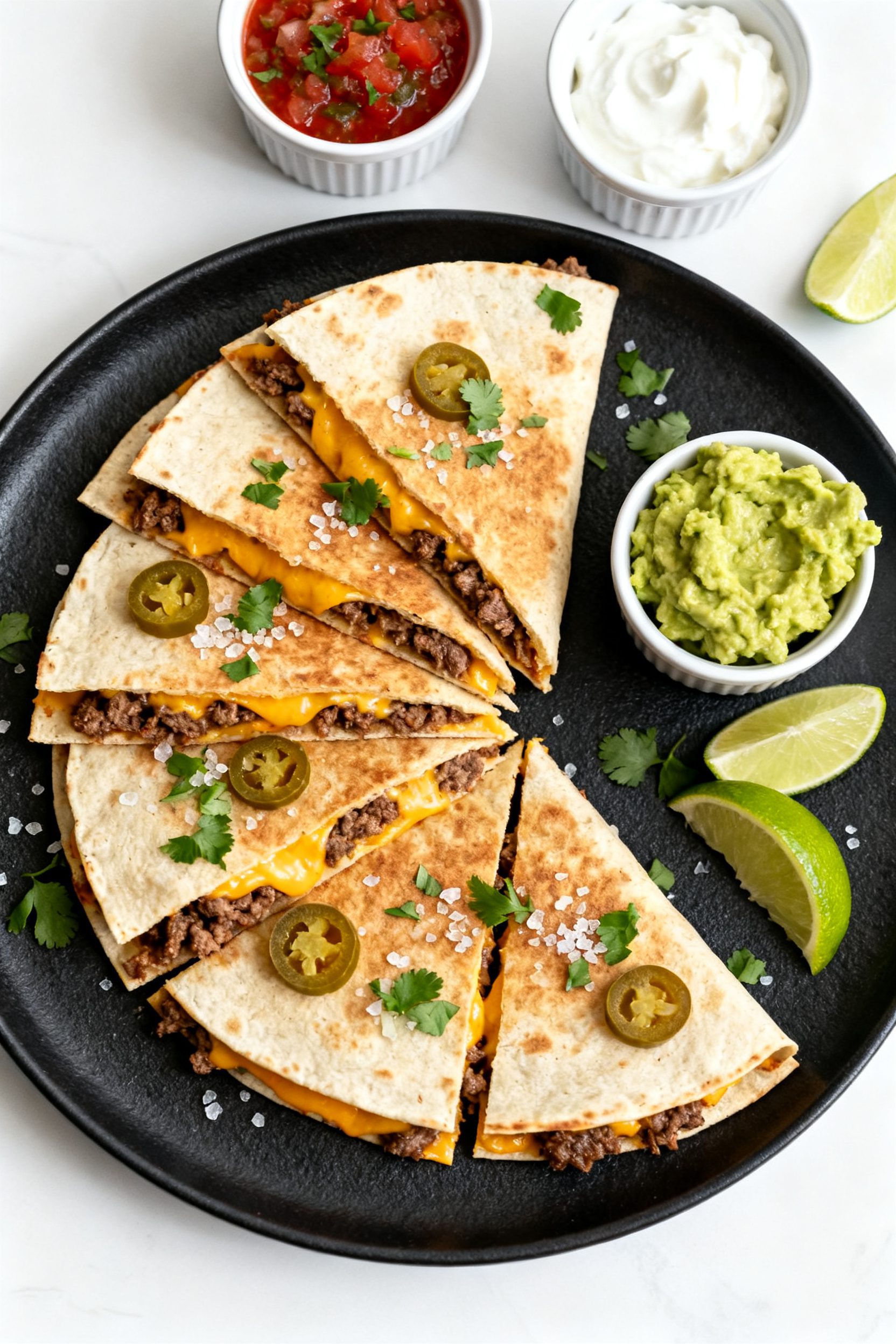 Tasty top view: Overhead shot of sliced air fryer beef quesadillas arranged in a fan on a matte blac