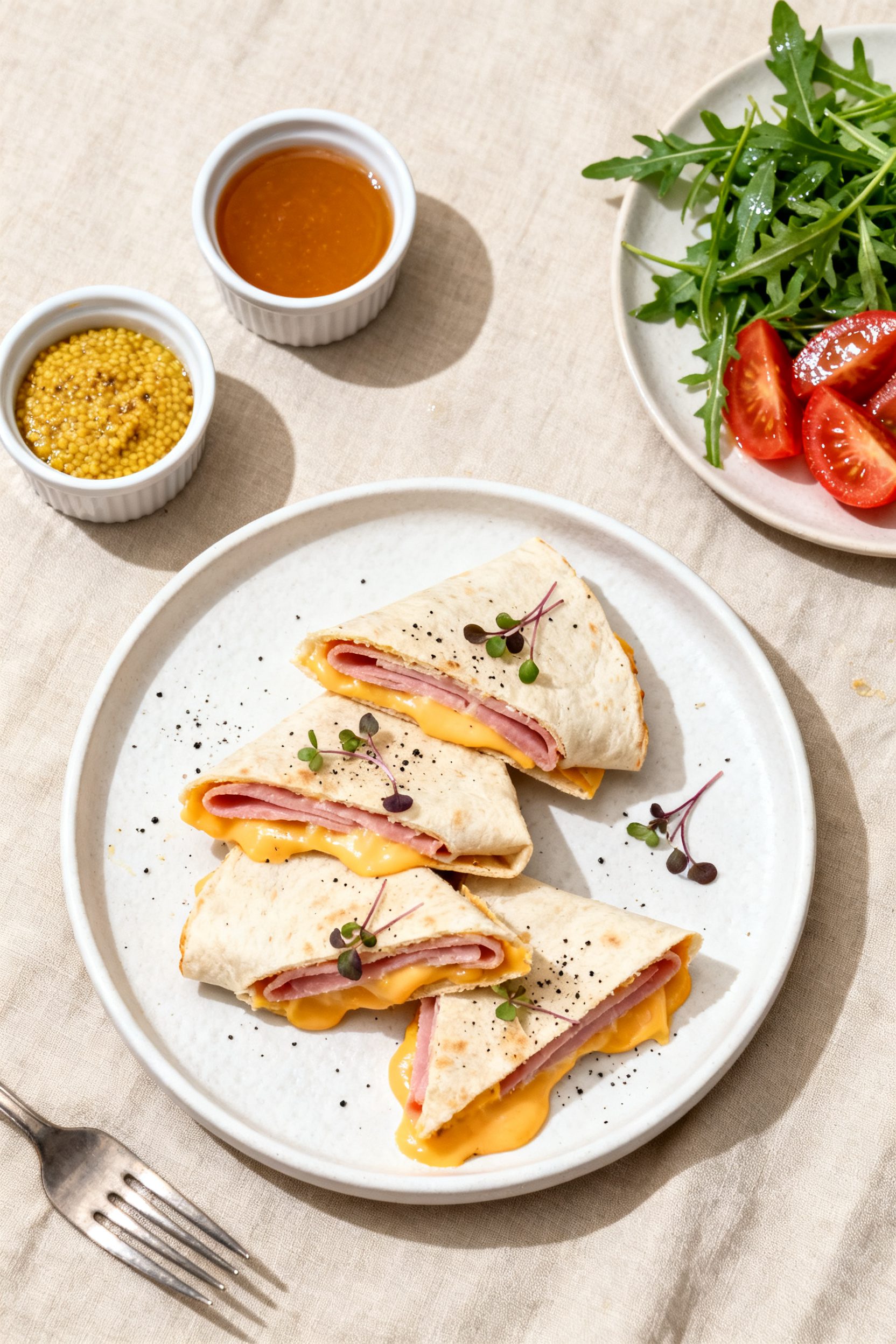 Tasty top view: Overhead shot of sliced ham and cheese wraps arranged in thirds on a matte white pla