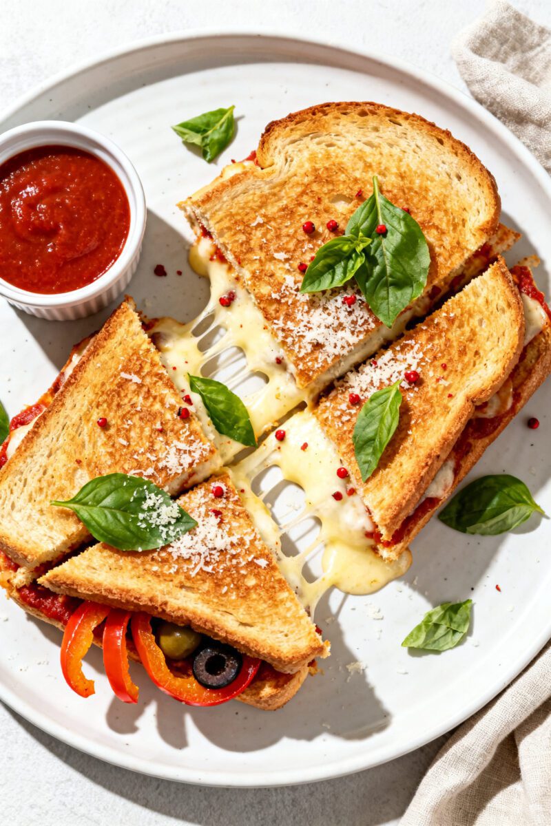 Tasty top view: Overhead shot of the finished Air Fryer Pizza Sandwich cut into diagonals on a white