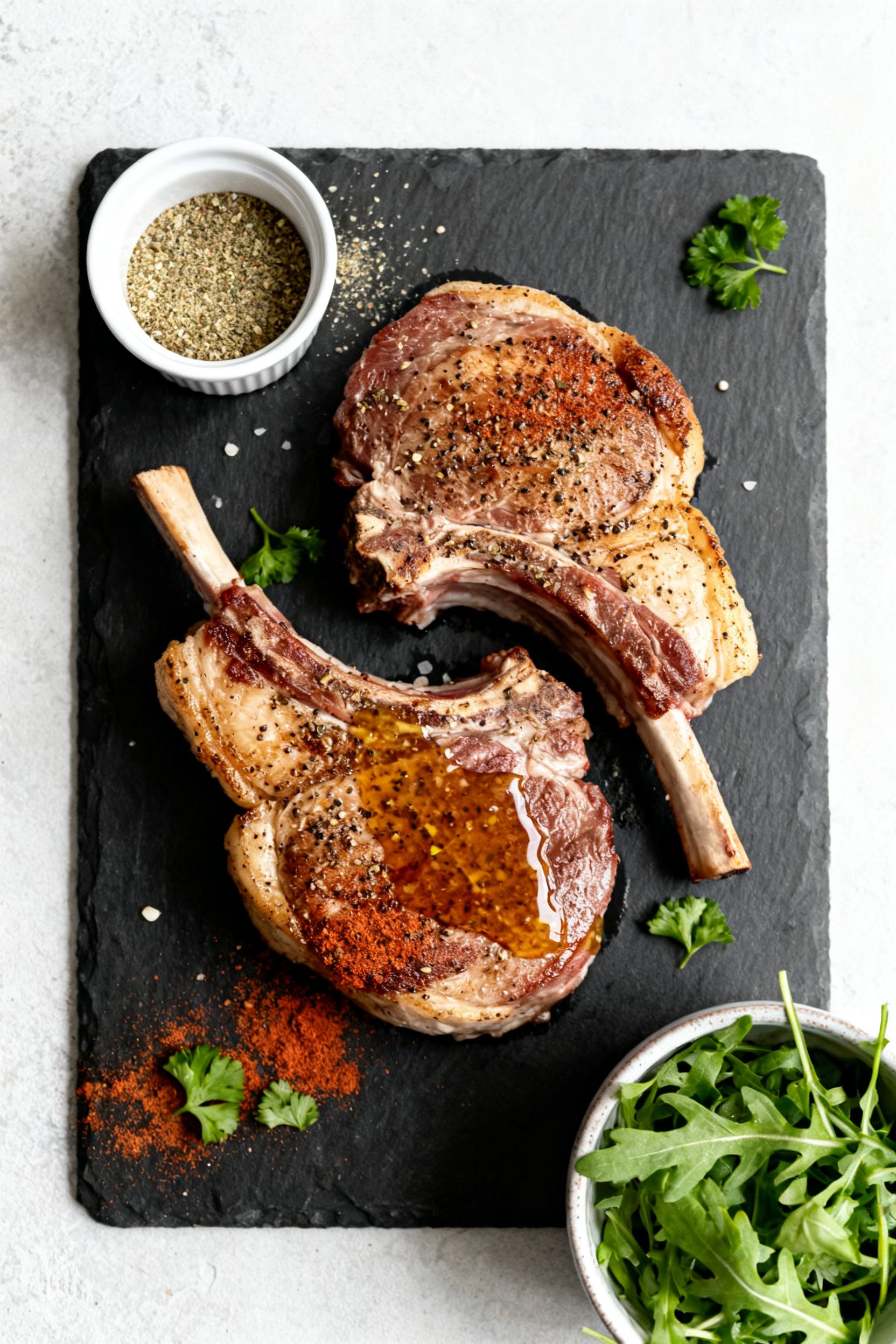 Tasty top view: Overhead shot of two bone-in lemon pepper pork chops arranged slightly overlapping o