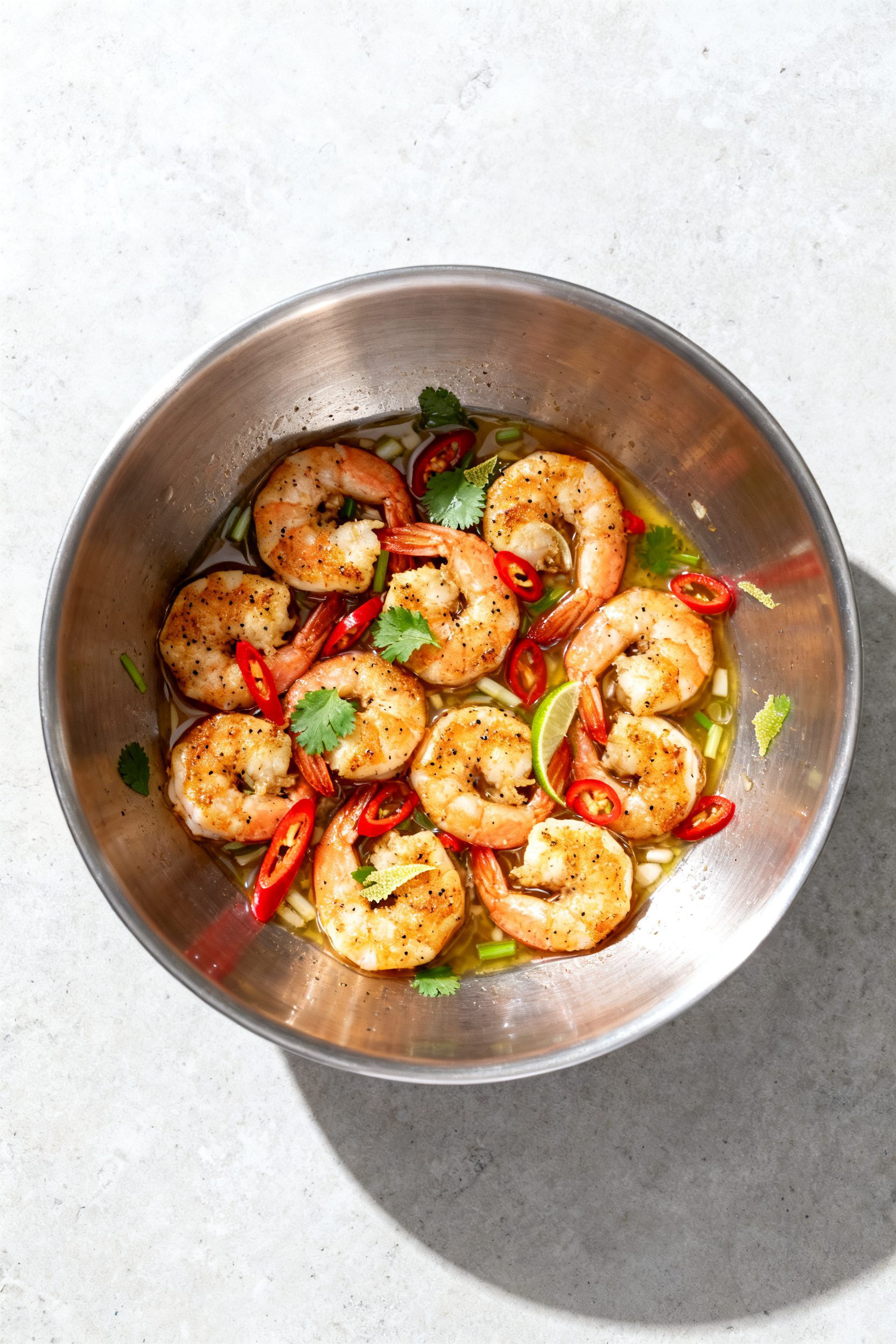 Tasty top-view process shot: Overhead shot of shrimp mid-toss in a stainless mixing bowl after air f