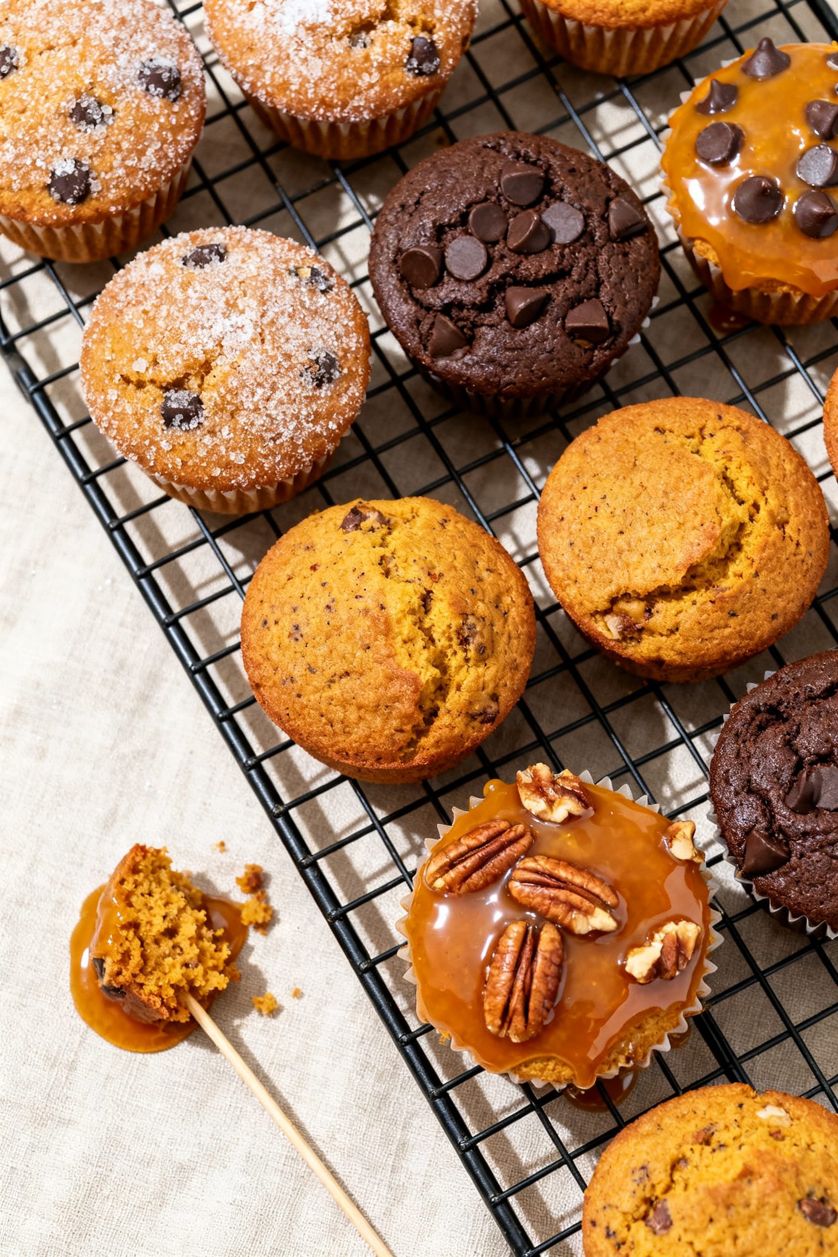 Tasty top view, variations: Overhead shot of a cooling rack filled with assorted air fryer pumpkin m